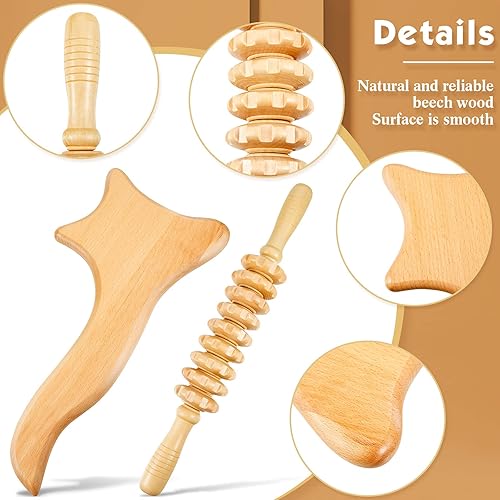 Miniatura 3 de 2 piezas de herramientas de masaje de madera Gua Sha Board 14.96 x 2.36+13 x 6.3 pulgadas, rodillos de masaje de madera de mano, herramienta de