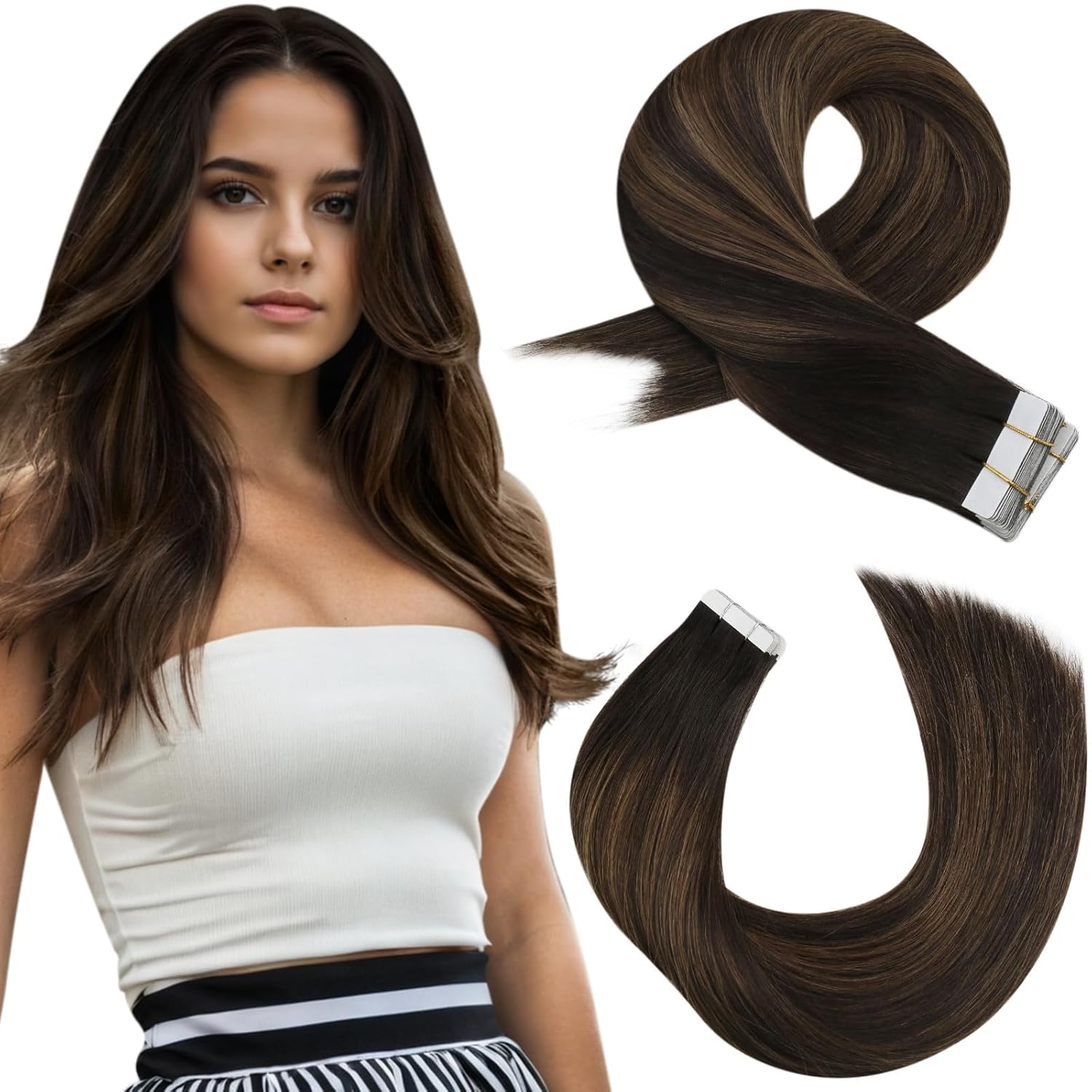 Moresoo Balayage Tape in Hair Extensions Human Hair Ombre Hair Extensions Tape in Balayage Darkest Brown Mix with Medium Brown Human Hair Extensions Tape in Real Hair 16 Inch #2/6/2 20pcs 50g