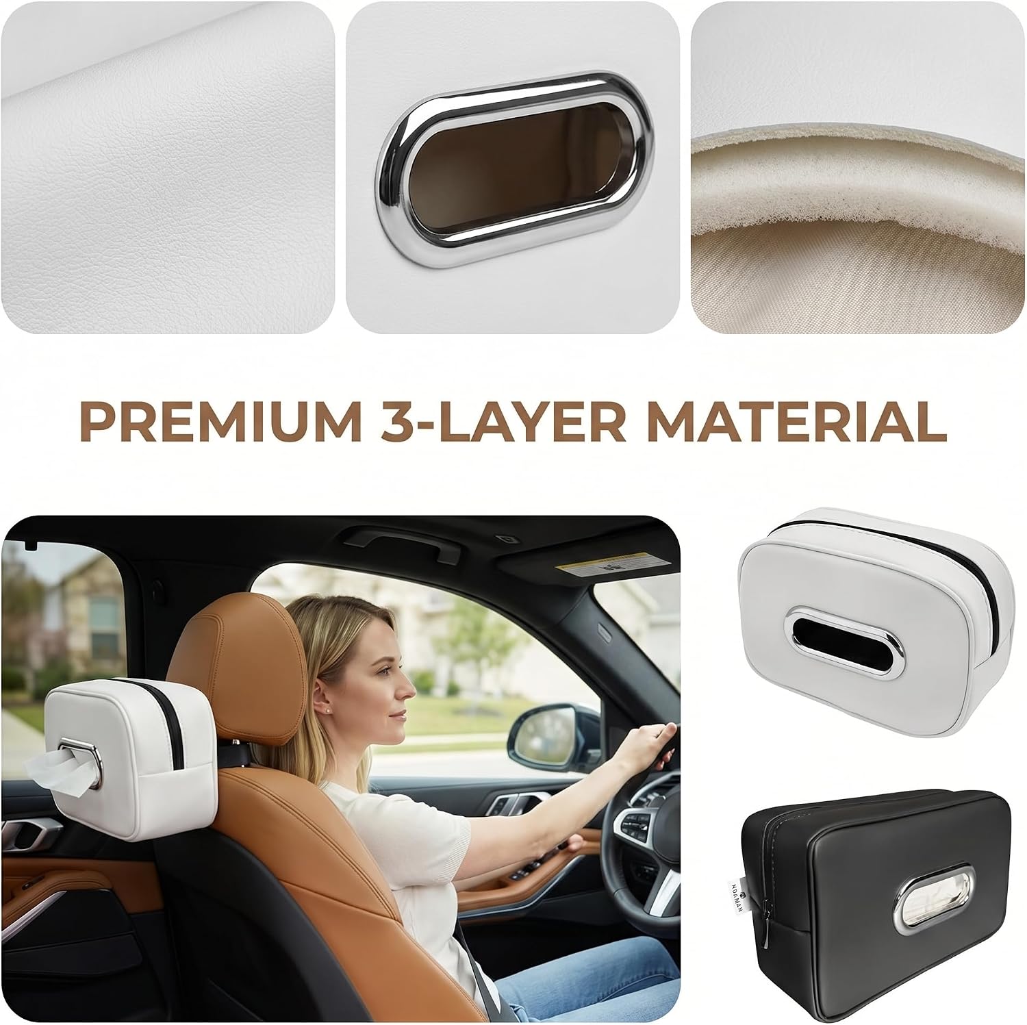 Compact Car Tissue Holder – Premium PU Leather Tissue Box, Fits 100 Sheets, Black Car Storage Organizer for Seat/Headrest/Center Console/Visor (Beige) image 5