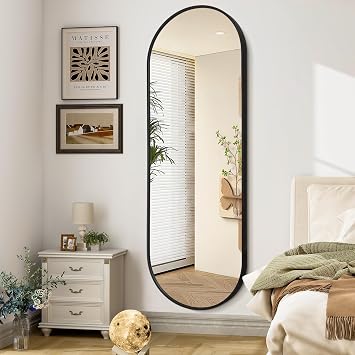 JJUUYOU Bathroom Wall Full Length Mirrors for Wall Oval Mirror Black Metal Framed Mirrors 120x45 cm Matte Bedroom Vanity Farmhouse Anti-Rust Tempered Glass Hangs Horizontally or Vertically Mirror