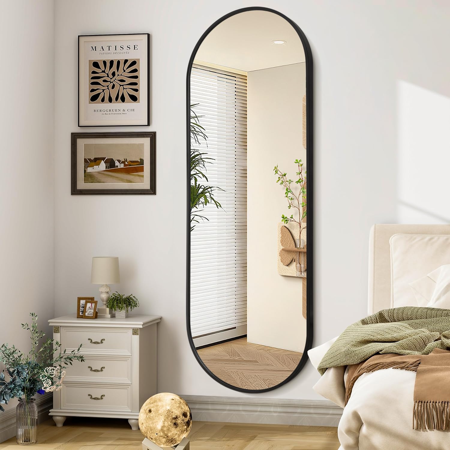 JJUUYOU Specchio da parete per bagno a figura intera, specchio ovale, cornice in metallo nero, specchio, 120 x 45 cm, opaco, camera da letto, toeletta, casa di campagna, vetro temperato inossidabile