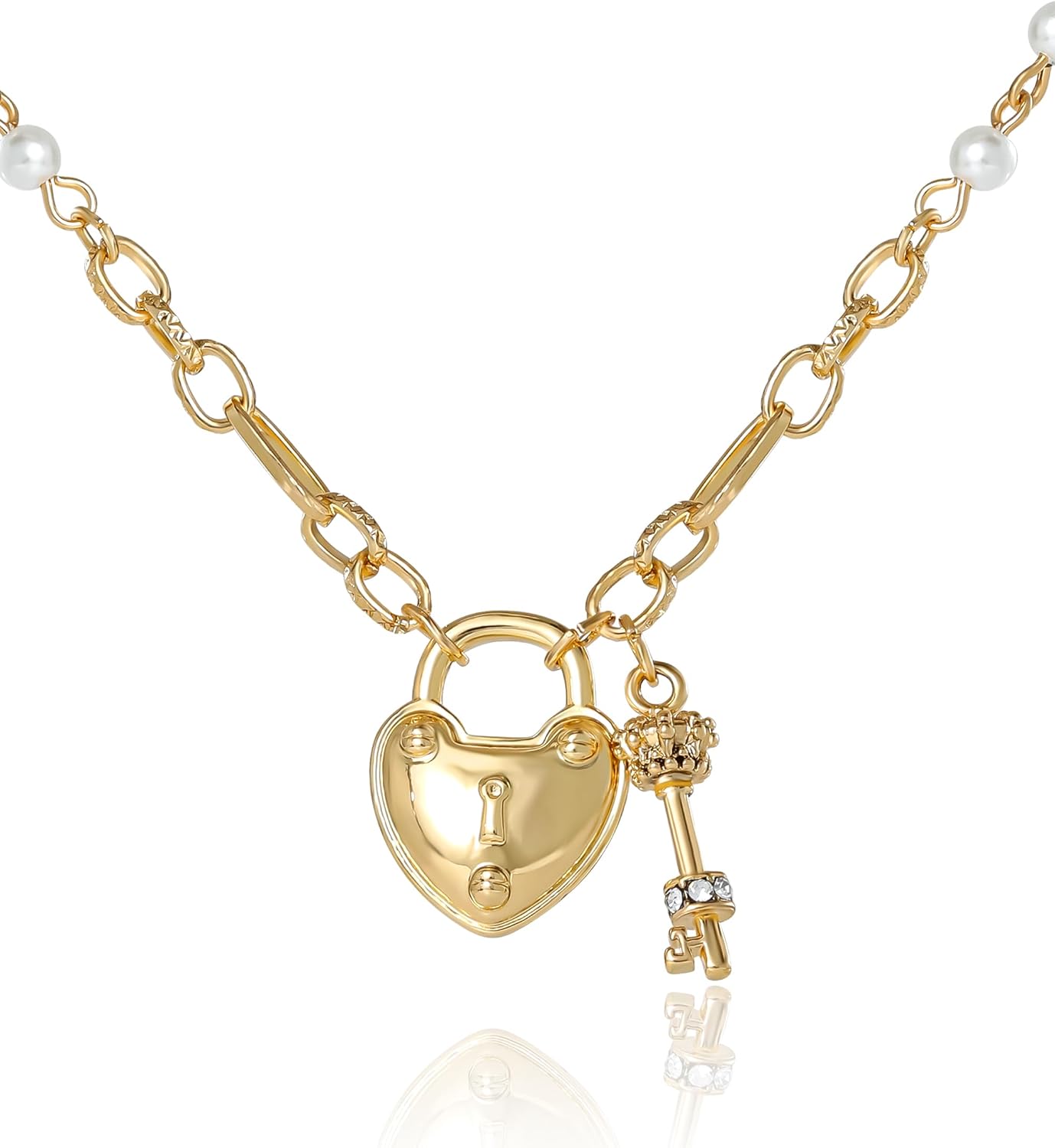 Juicy Couture Padlock Heart Necklace for Women, 18"+2" Gold-Tone with Clear Stones and Faux Pearls, Valentines Gifts for Her