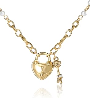 Juicy Couture Padlock Heart Necklace for Women, 18"+2" Gold-Tone with Clear Stones and Faux Pearls, Valentines Gifts for Her