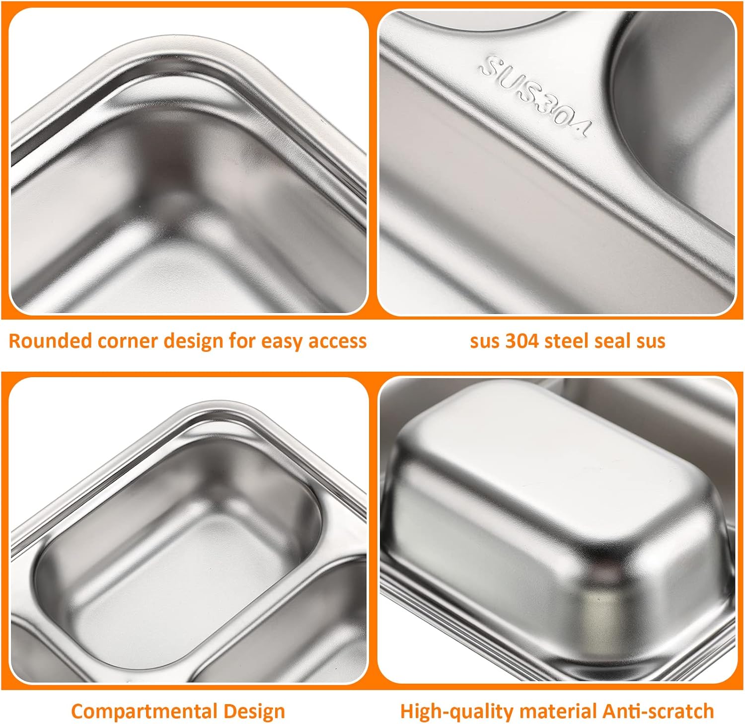 Zopeal 8 Pack 304 Stainless Steel Divided Plates Tray Rectangular Metal Dinner Section Plates for Adults Kids Food Portion Control Camping Lunch(3 Compartment Style) - Image 3