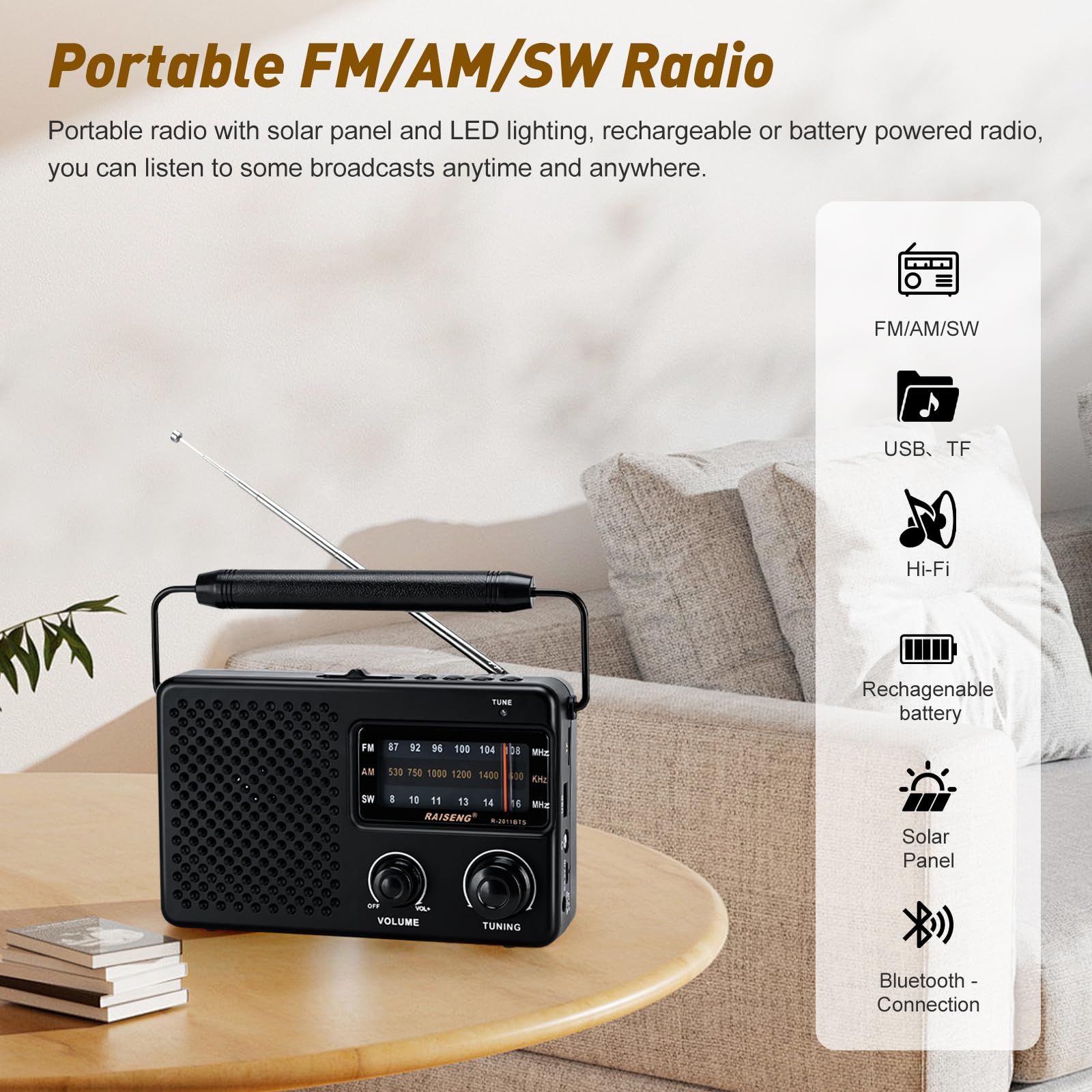 Radio portátil con Bluetooth y energía Solar - Radio Recargable FM/Am/SW, Reproducción USB/TF, Sonido Hi-Fi, Tamaño de Bolsillo para el Aire Libre, Viajes, Uso doméstico (Negro)
