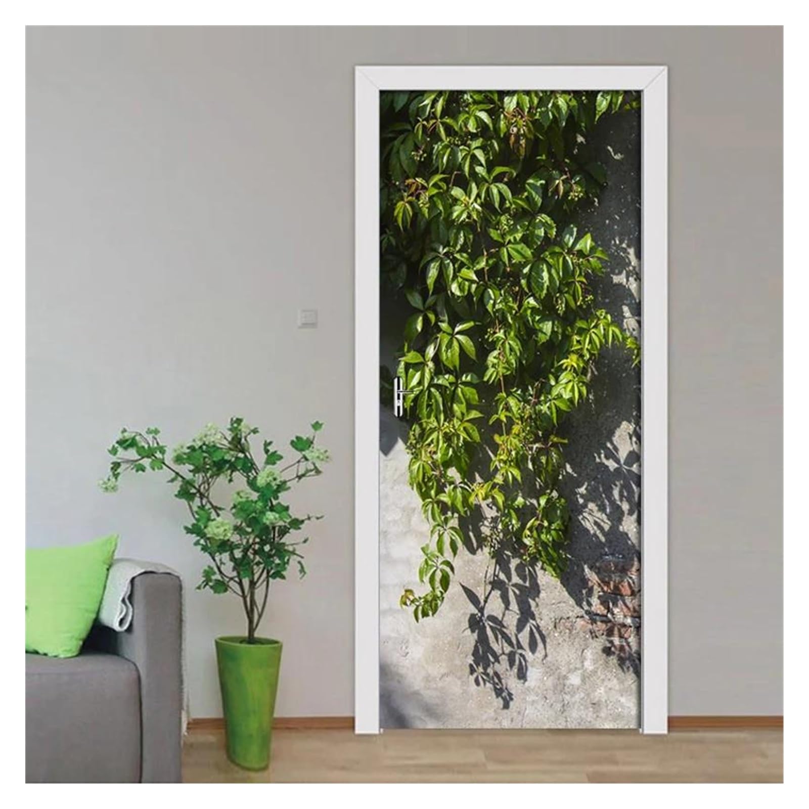 Sticker de porte feuille verte autocollant mural PVC imperméable 95x215cm salon et chambre