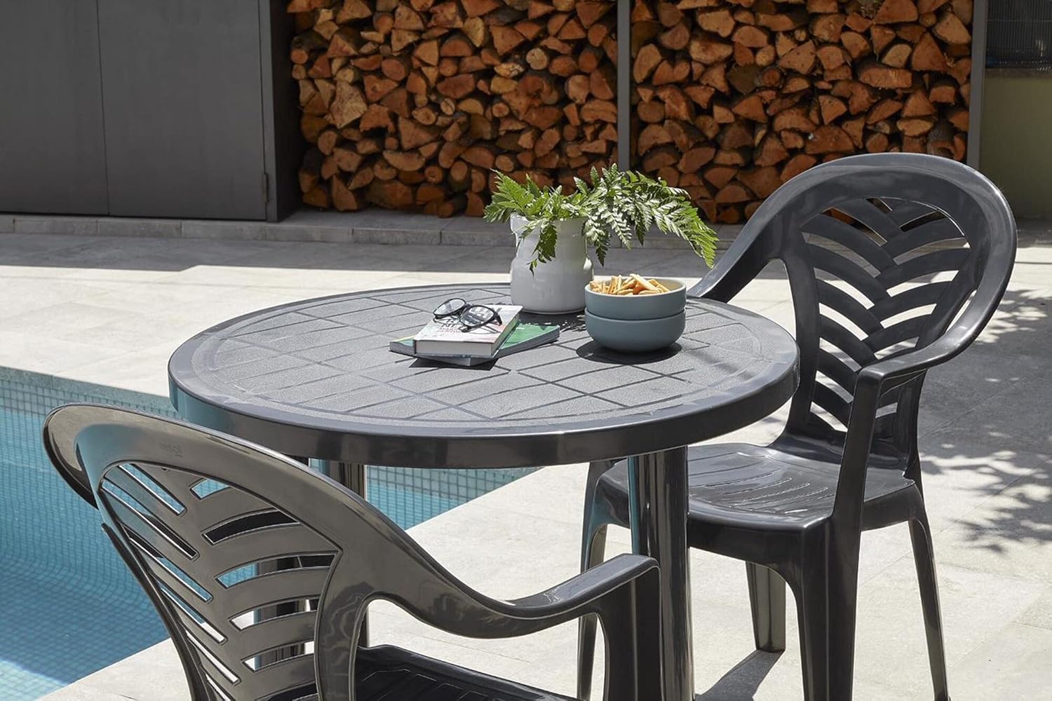 Mesa de Jardín Redonda de Resina Gris Antracita 90x72cm Auxiliar Exterior desmotable portátil, Camping, terraza, Acampada, Playa.