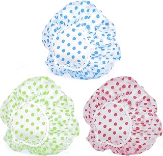 Fouews 3 Pack Reusable Waterproof Shower Caps for Women - Elastic PE, Multi-Color (Red, Green, Blue), Spa Travel Salon