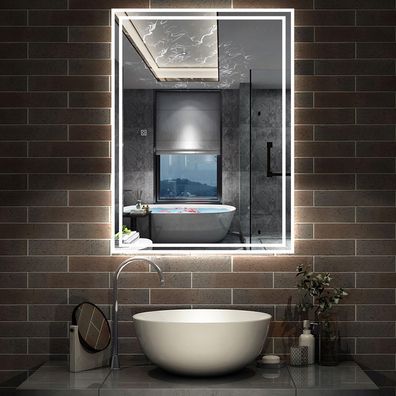 Acezanble Shaver Socket+Dimmable+3 Colors+Anti-Fog 600 X 800 Mm Led Bathroom Mirror With Shaver Socket, 3 Colors Dimmable Wall Mounted Illuminated Bathroom Mirror With Lights And Anti-Fog Demister Pad, Energy-Saving Smart Mirror