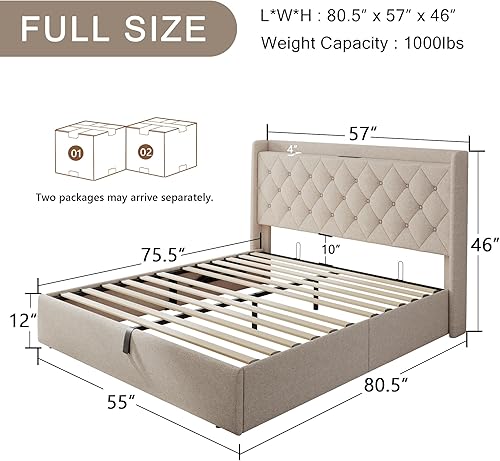 Miniatura 2 de Base de cama de almacenamiento de elevación completa con estación de carga, marco de cama tapizado con almacenamiento, no necesita somier, sin