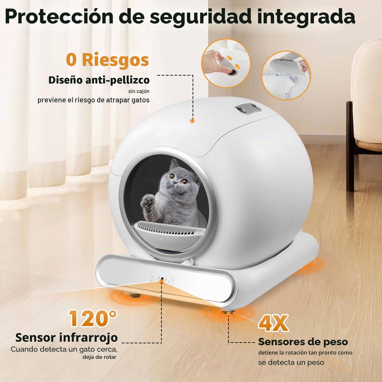 Caixa de Areia para Gatos Automatico, 65l+9l Arenero Gato Grande XXL con Detector De Infrarrojos y Sensores de Peso, Desodorización Electrolítica, Silenciosa Arenero Cerrado para Gatos