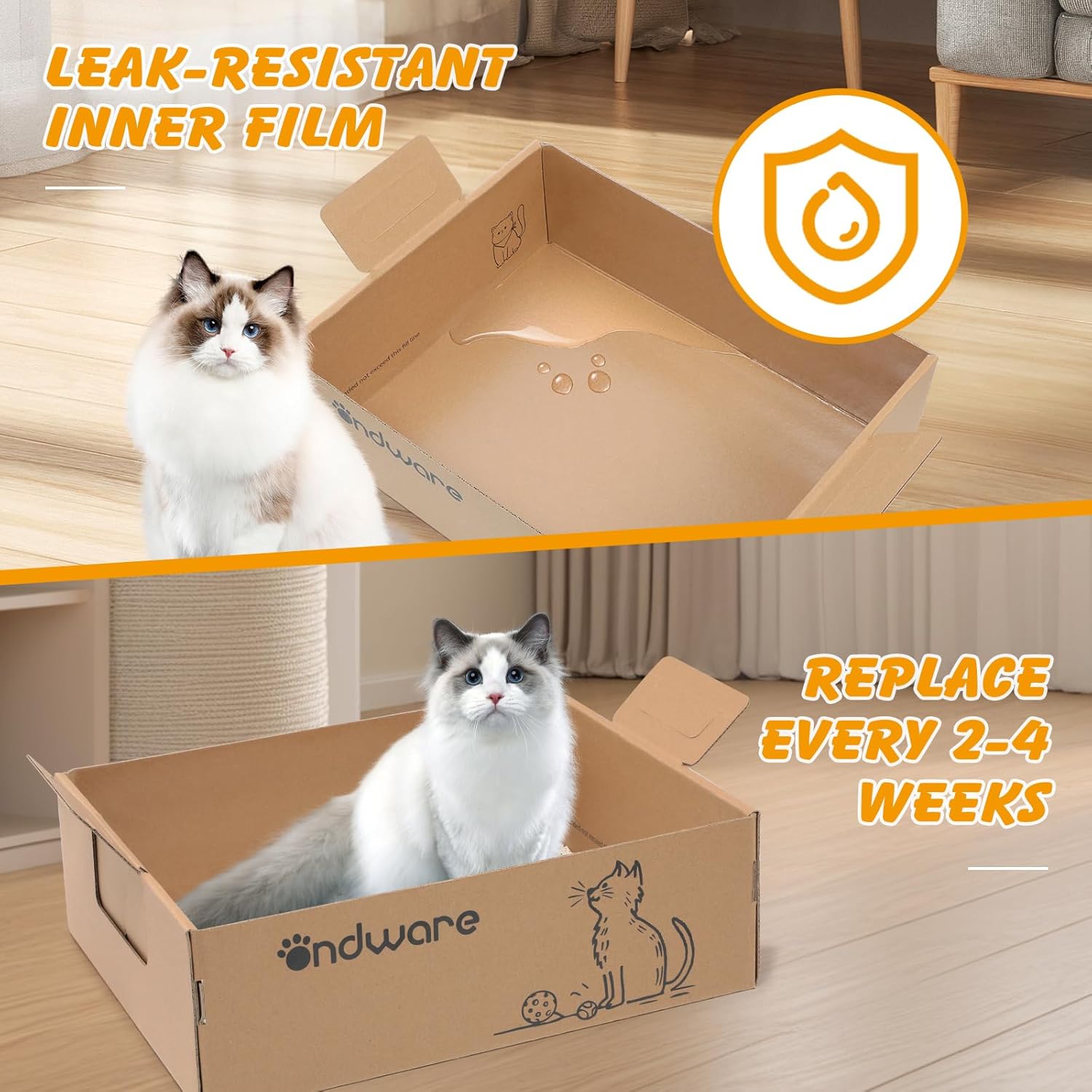 ondware 6 PCS Disposable Litter Boxes for Cats, Foldable Cardboard Cat Litter Box, Portable Waterproof Travel Litter Box for Cats（17.5x13.6x5.3 Inch）