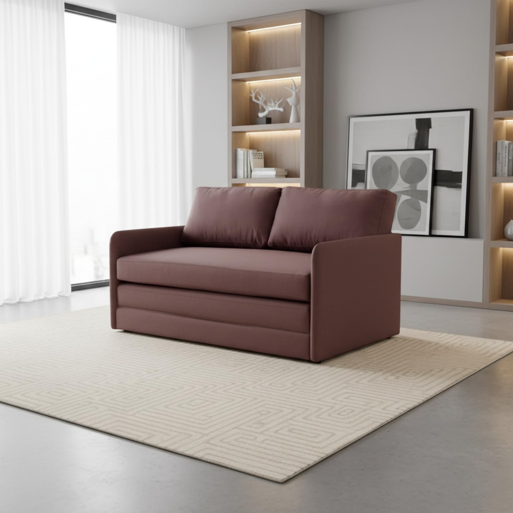 Kathey Collection Modern Fabric Upholstered Loveseat Sleeper Compact Convertible Design for Living Room or Guest Space Brown
