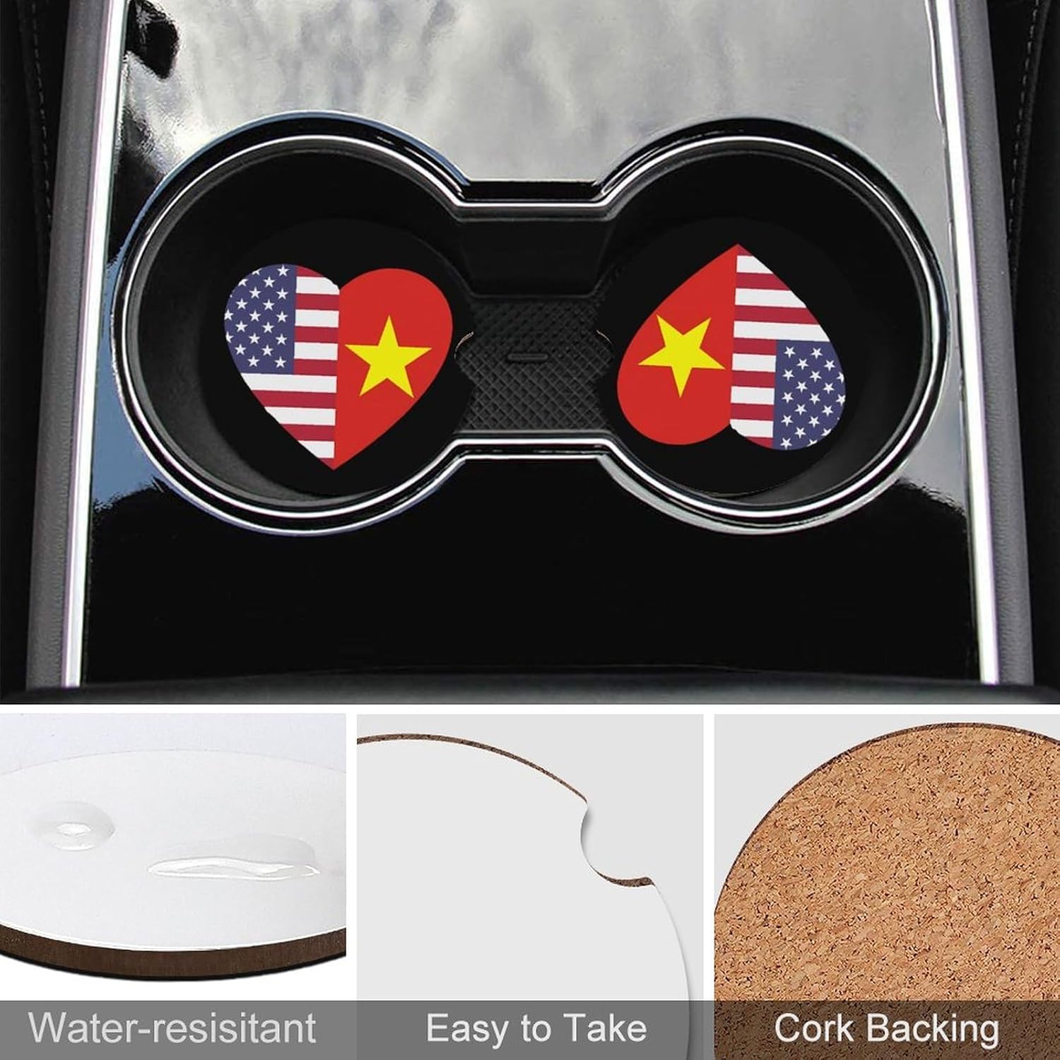 U.S.A. Vietnam Flag Heart Cute Car Coasters 2.56 Inch Absorbent Cup Holder for Drinks Auto Interior Accessories