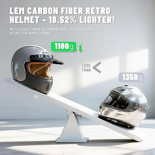 Miniatura 3 de LEM Casco integral vintage, retro, casco de motocicleta DOT, carcasa de fibra de vidrio con mandíbula de fibra de carbono, ligero para ventilación
