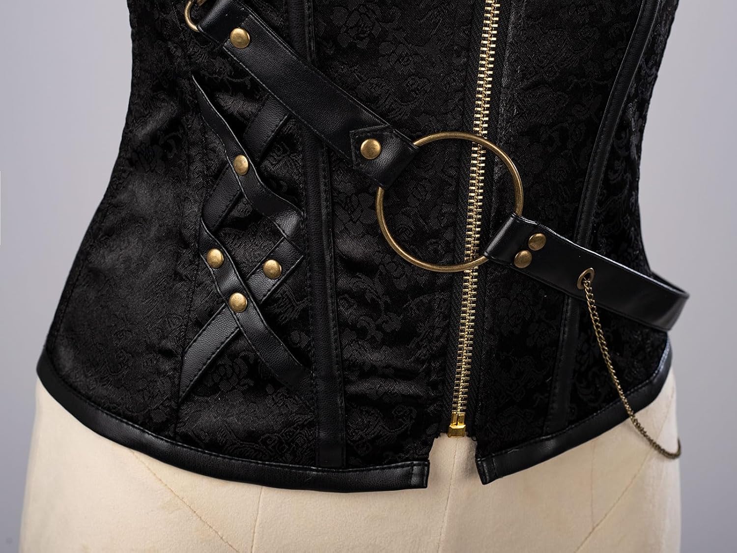 Cosfun Womens Leather Halter Corset Top Steampunk Corsets Bustiers Front Open Breast Zipper Lace-Up Back