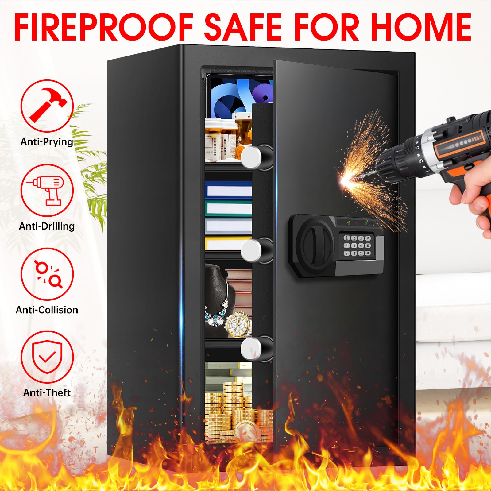 Grande cassaforte per la casa con tastiera digitale e serratura a chiave, cassaforte di sicurezza con 3 ripiani rimovibili, scatola di sicurezza anti-leva per denaro, documenti, gioielli