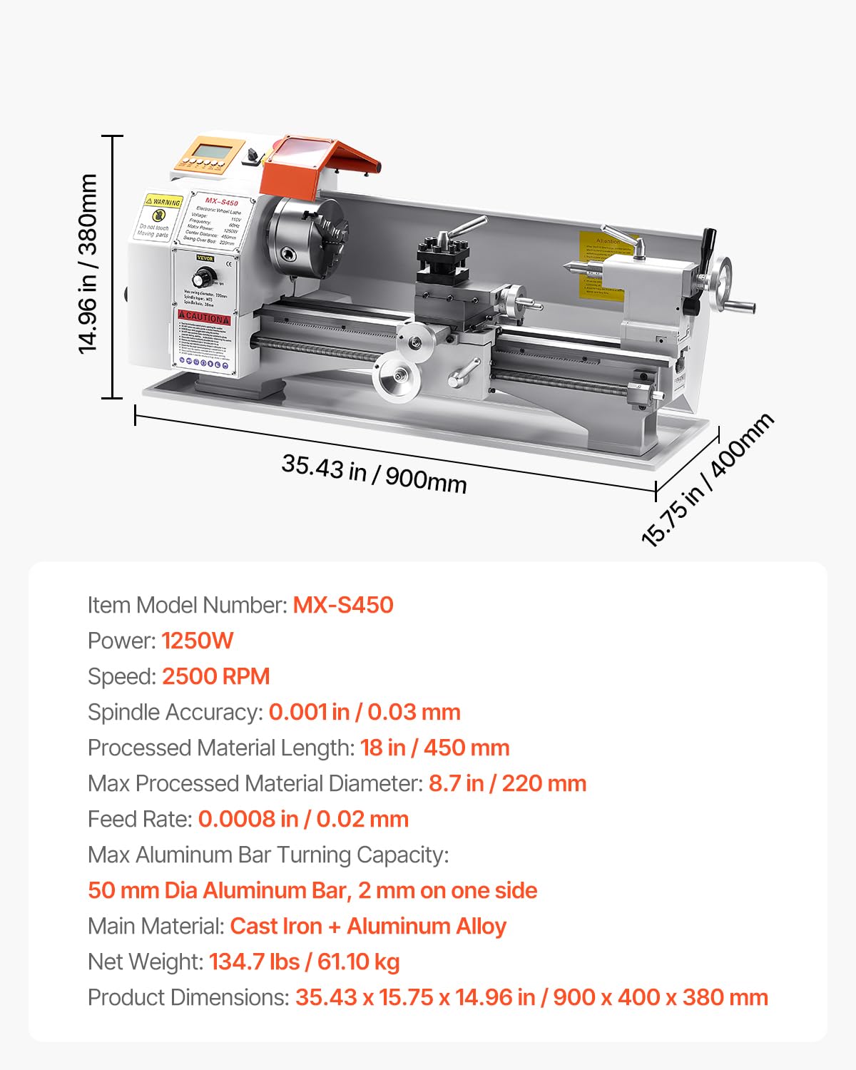 VEVOR Metalldrehmaschine 220x450 mm Tischdrehmaschine Automatischer Vorschub 2500 U/min Drehzahl 1250 W Bürstenloser Motor, mit Zubehör, Drehmaschine für die Bearbeitung von Präzisionsteilen