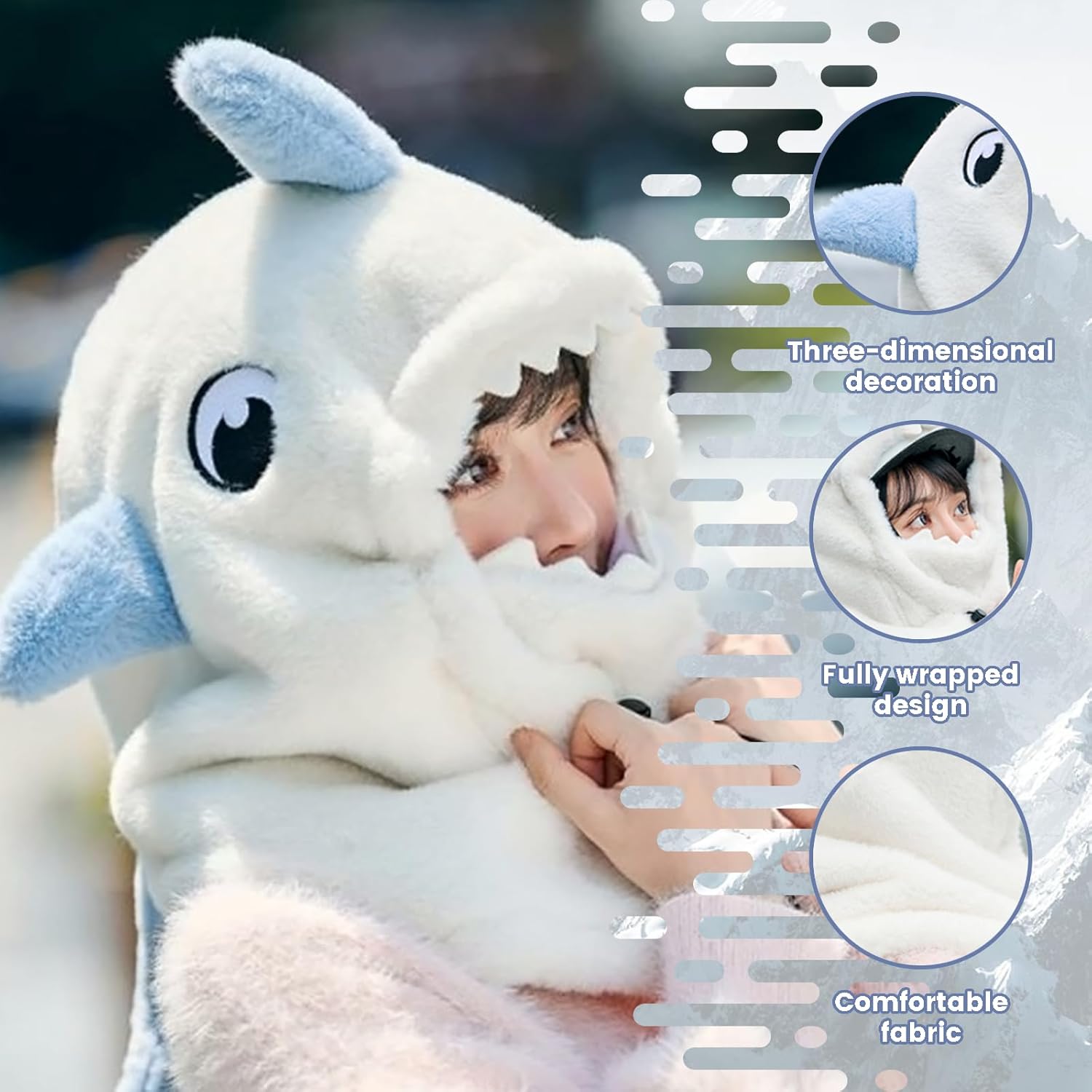 Shark Ski Helmet Cover Cute Shark face Mask Winter Warm Outdoor Hooded Sports Windproof Style Hat Scarf 3 in1