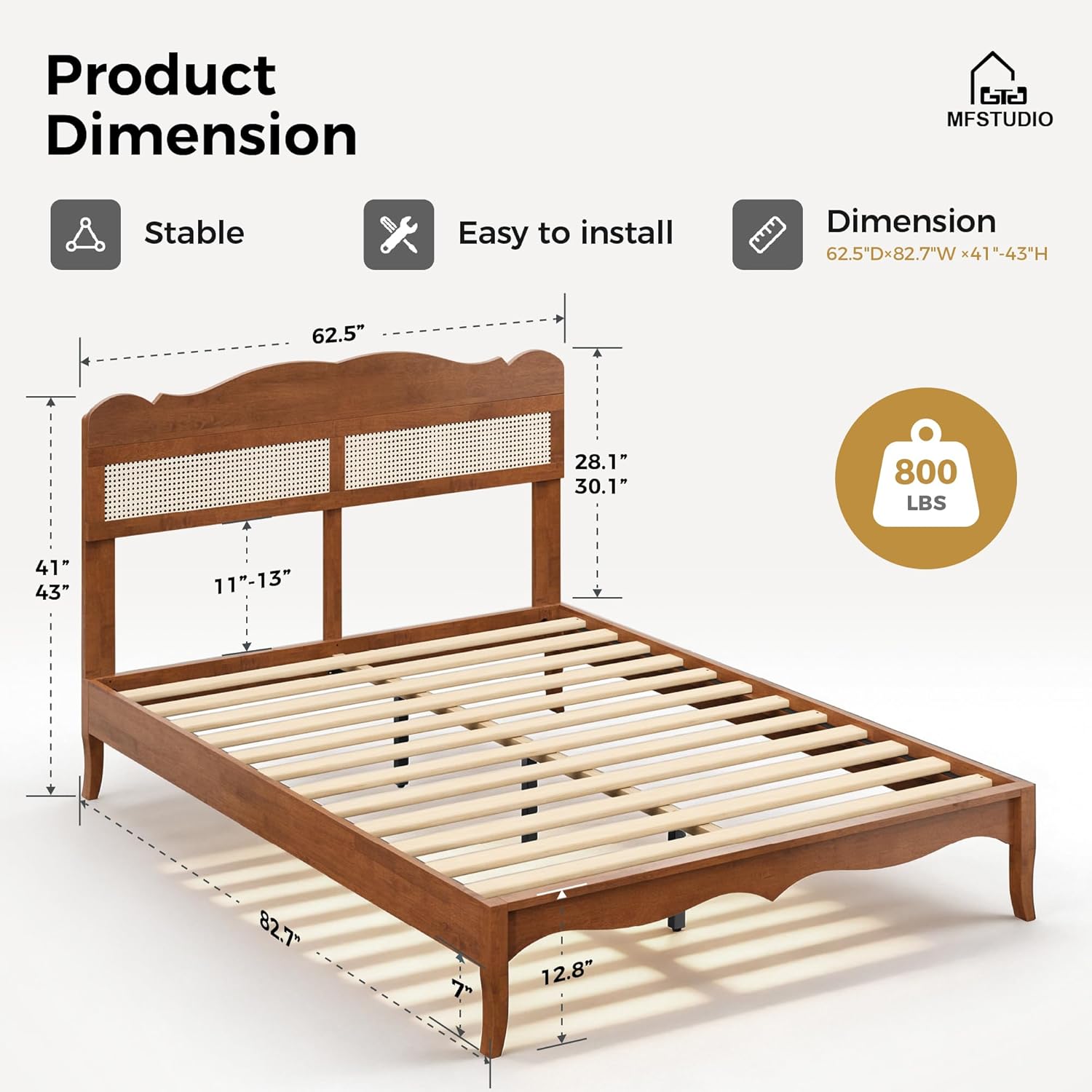 MFSTUDIO Queen Wood Bed Frame with Headboard, Rattan Bed Frames Solid Wooden Platform Bedframe Mid Century,No Box Spring Needed,Sturdy Natural Finish Classic Noise Free