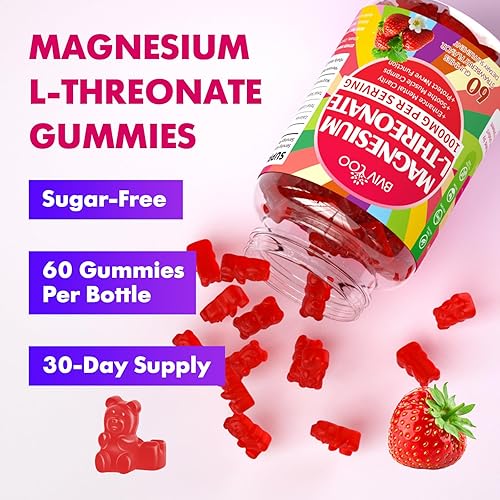 Miniatura 6 de Gomitas de magnesio L-treonato de 1000 mg para niños y adultos, apoyo muscular y sistema nervioso, vegano, sabor fresa sin azúcar, 120 gomitas
