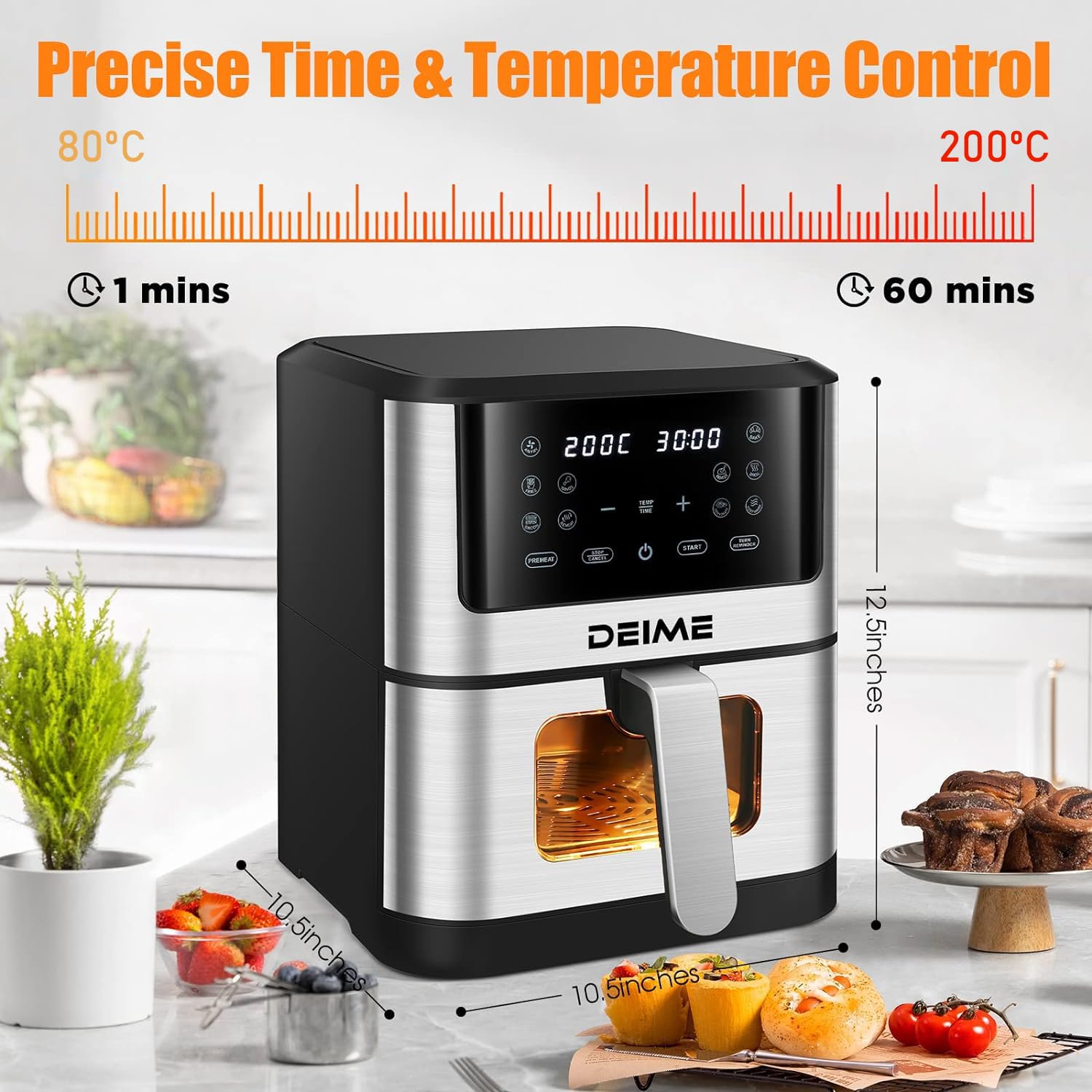 Freidora de Aire 10 Funciones, 6L, 1500W, Control Digital de Temperatura 80-200°C y Tiempo, Temporizador hasta 60 min. Pantalla LED, Ventana de Cocción Visible, Antideslizante. (6 LITROS)