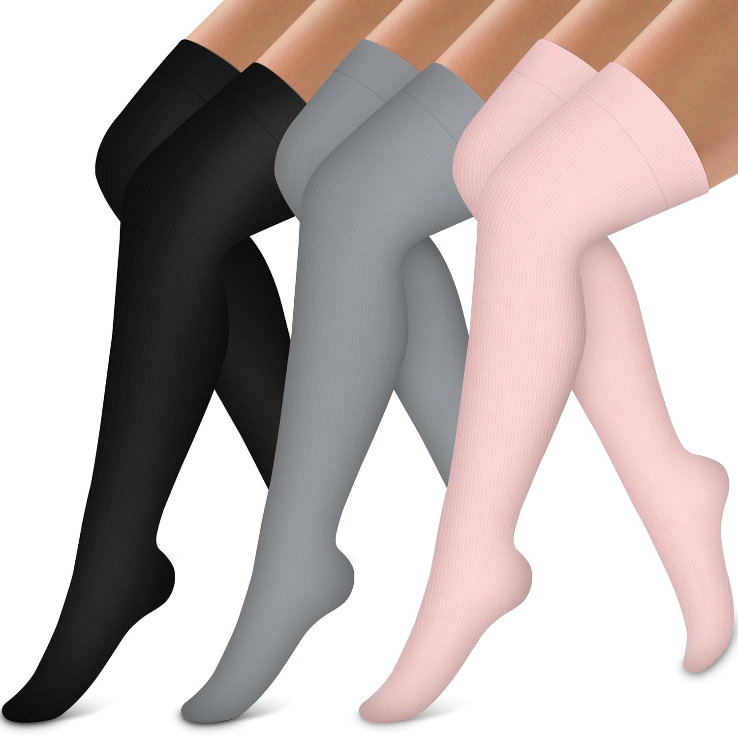Bluemaple Thigh High Compression Socks for Women and Men Circulation(3 Pairs) Over the Knee-Best Support for Running,Travel