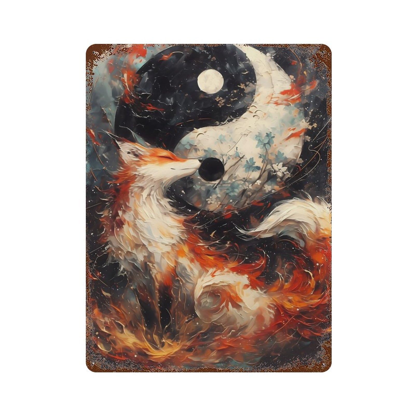 Rust Effect The Fox Yin And Yang Vintage Rust Metal Sign 15.7"x11.8", Vintage Wall Decor for Garage, Bar And Workshop Decor