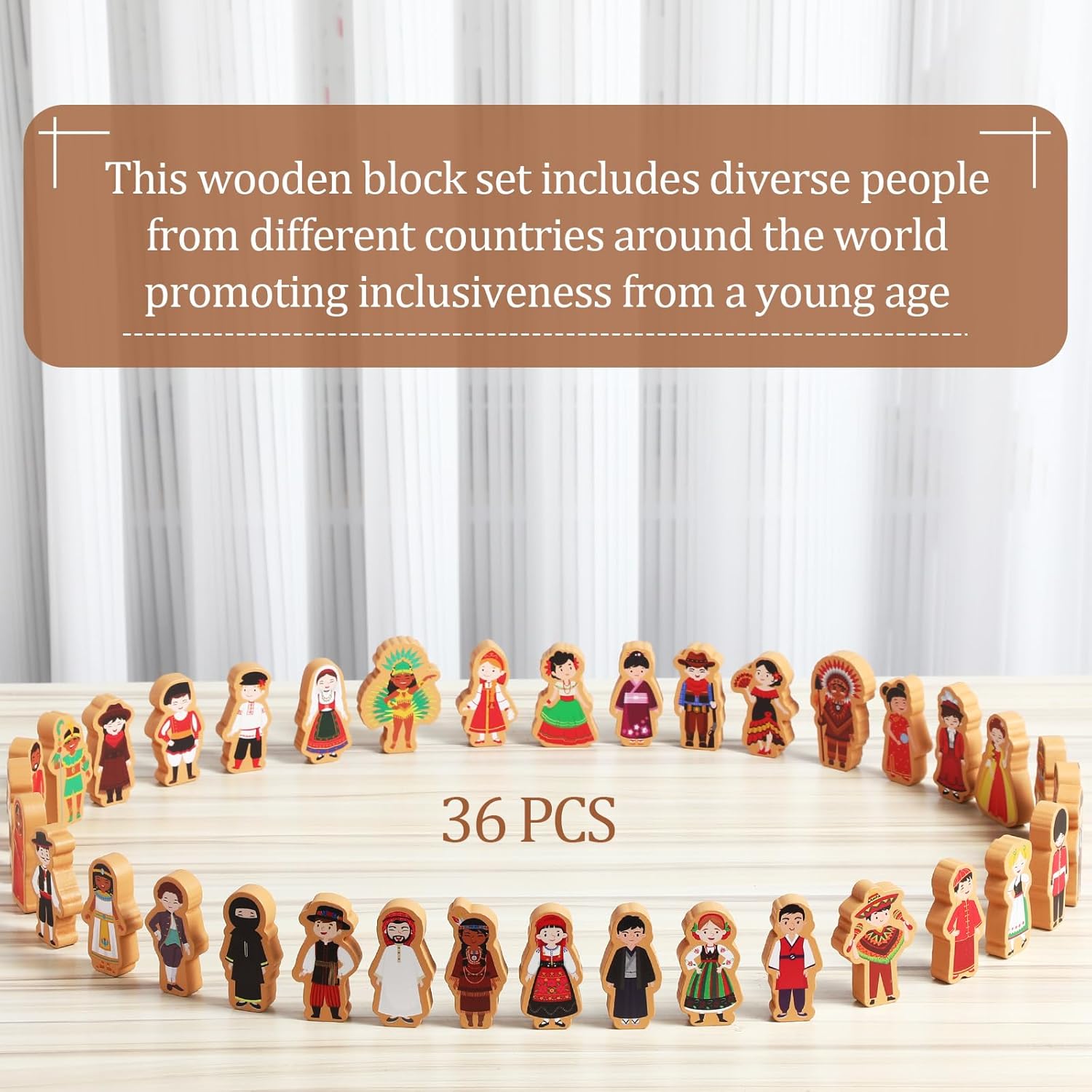 Blosssound 36 Pcs Multicultural Wooden Character Set Small Wooden People Figures Small Diversity Country Couples Wood Blocks for Preschool Classroom Play Games Educational Activity Supplies