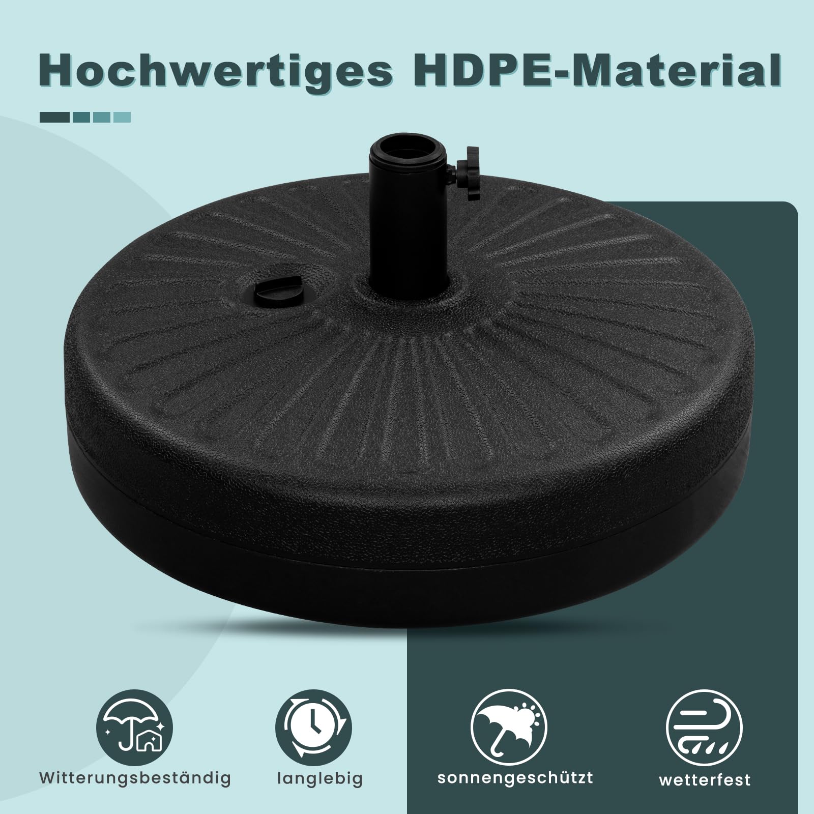 WOLTU Sonnenschirmständer rund 22 L, befüllbar mit Wasser oder Sand, Schirmständer aus HDPE, Sonnenschirmfuß für Schirmstöcke Ø 38-48 mm, inkl. Adapterhülsen, Schwarz