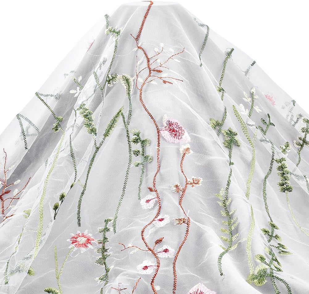 3 Yards Red Lace Fabric Beautiful Floral Embroidery Lace White Mesh Fabric Tulle 59 Inches Wide Polyester Gauze Embroidered Veil for Wedding Sewing Accessories Party Dress