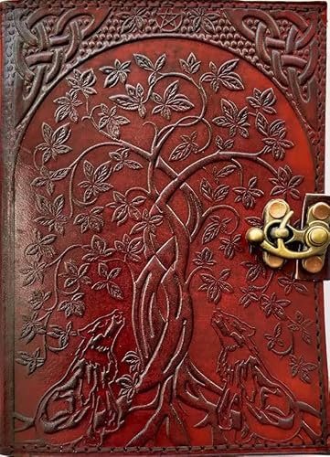 HG-LTHR 18 cm Arbre de Vie Loup hurlant Cuir vierge Grimoire Journal Livre des ombres Spell Diary Notebook Carnet de croquis verrouillable pour artistes Cover