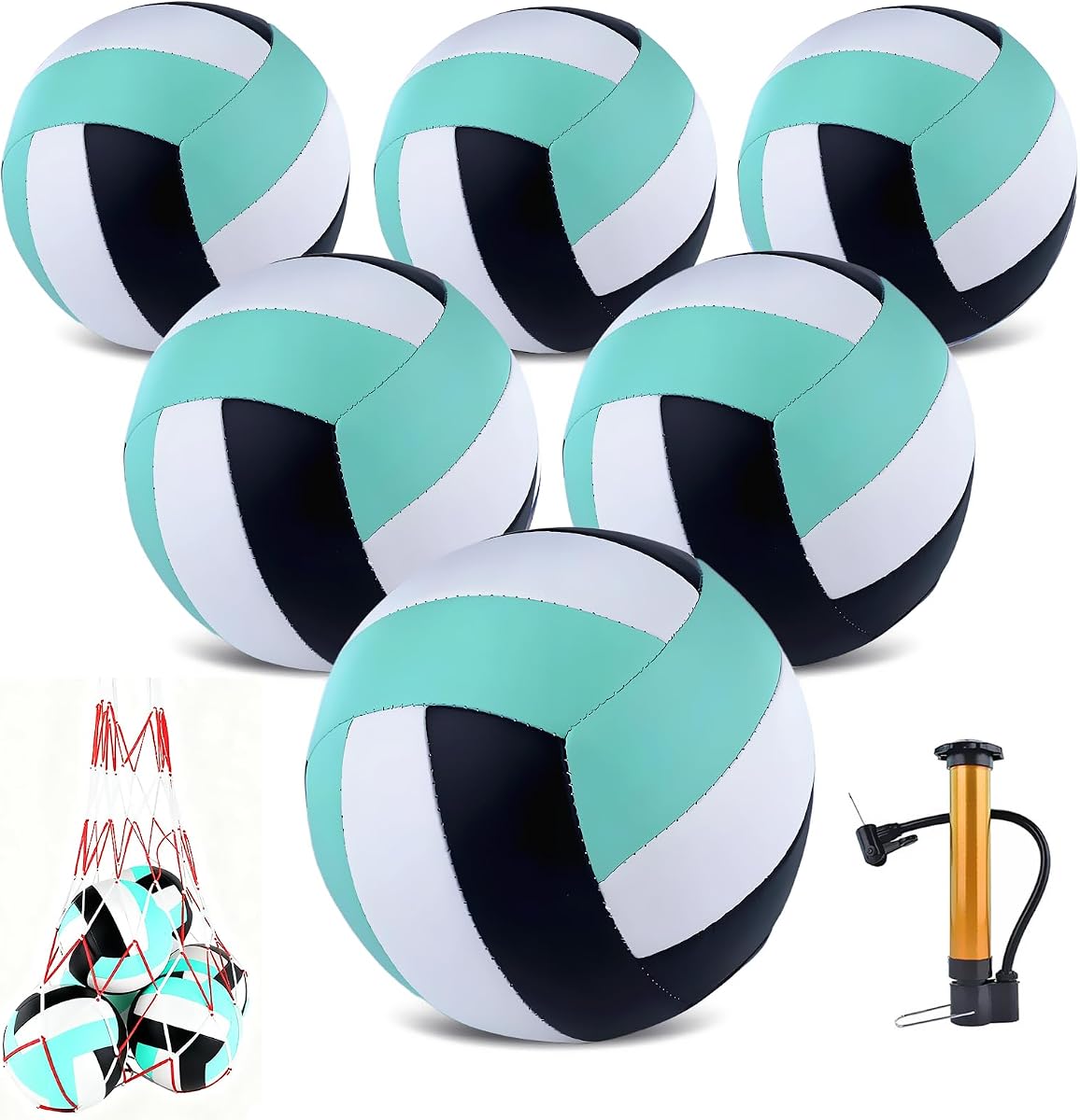 Paquete de 6 pelotas de voleibol Tamaño oficial 5, pelotas de voleibol recreativas impermeables a granel suaves con bomba y bolsa de red para entrenamiento de juego de piscina de arena de playa al aire libre para principiantes