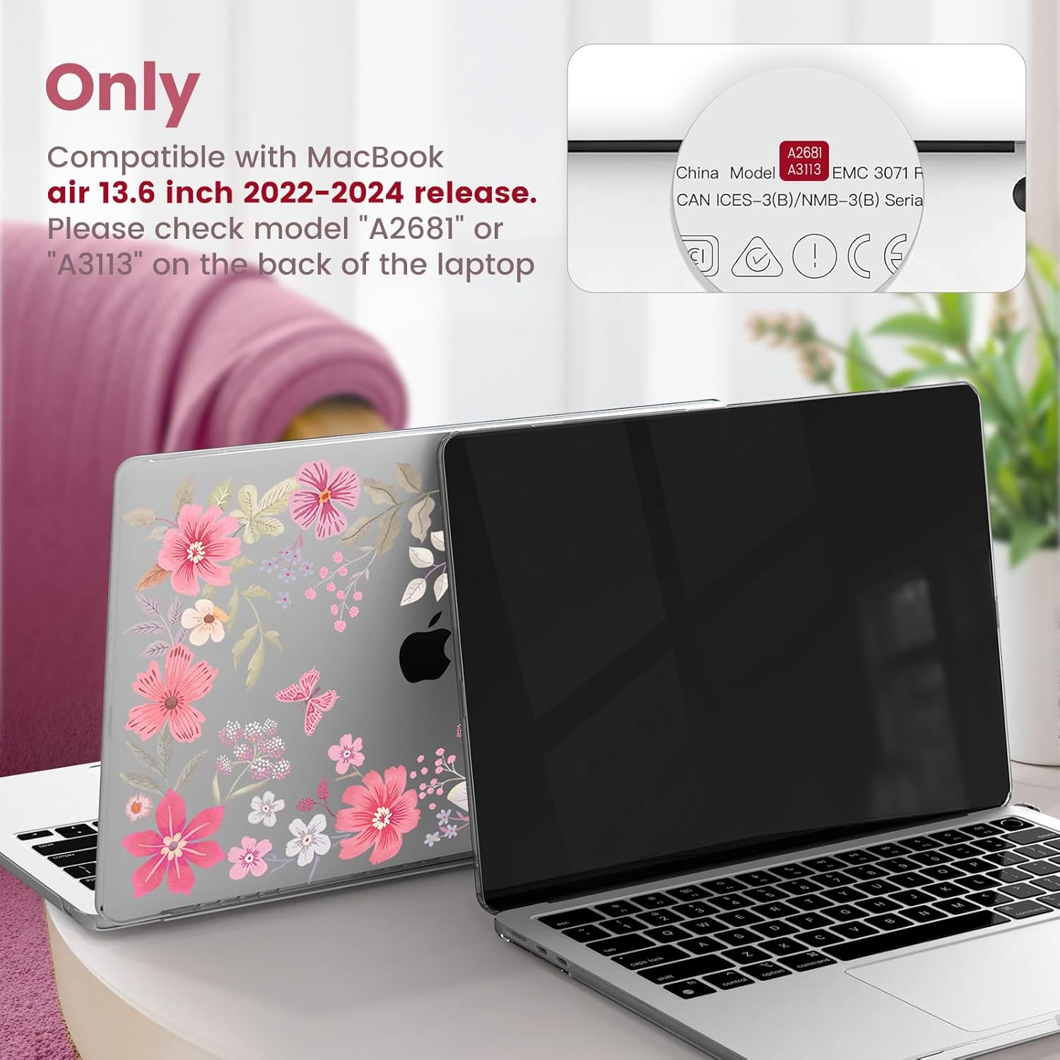 iCasso for MacBook Air 13 inch Case 2026 2025-2022 M4 M3 M2 Model A3240 A3113 A2681, [Ultra Thin Armor][100% Ultra Clear], Air 13.6'' Flower Crystal Clear Hard Shell Protective Cover, Pink