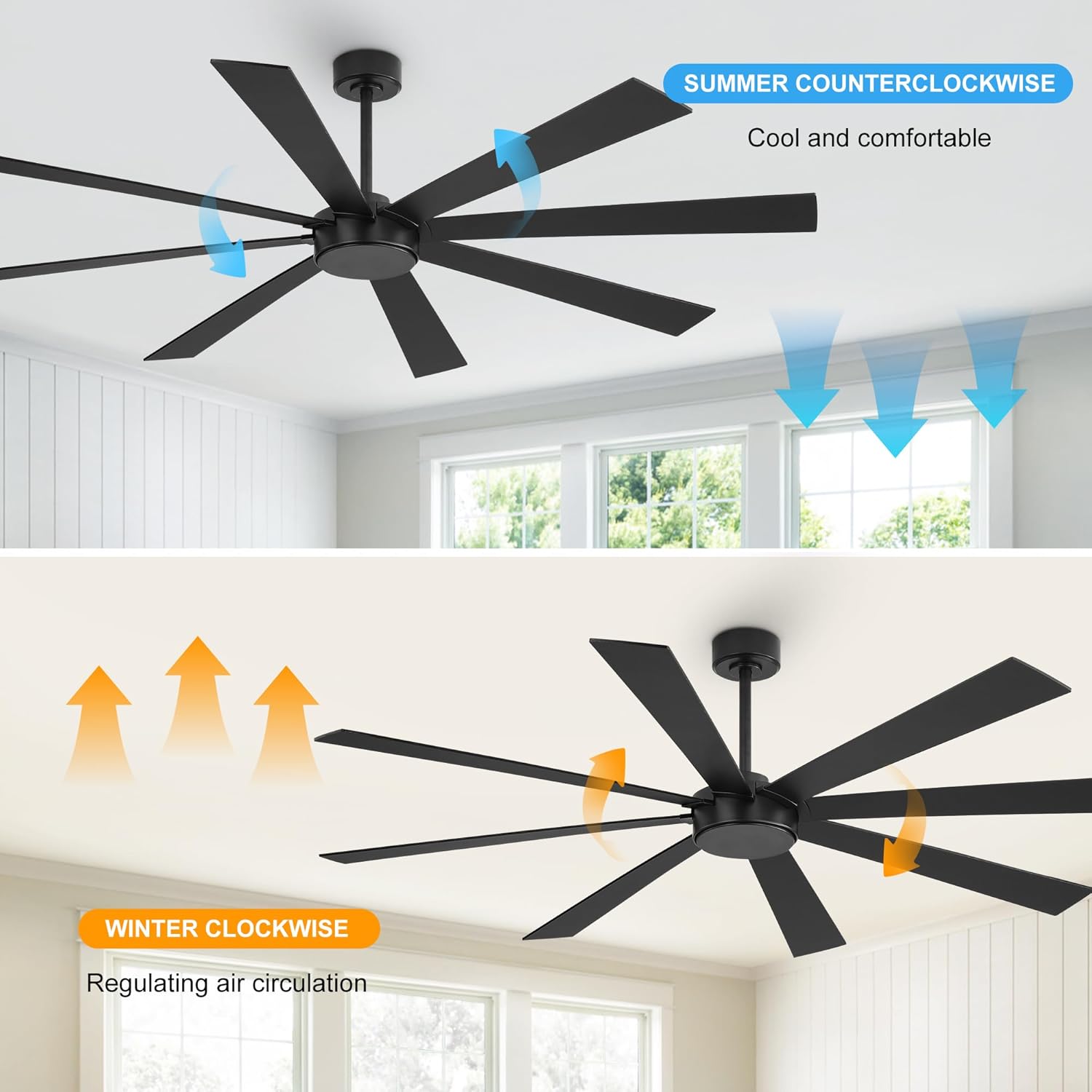 WINGBO 72" Black Ceiling Fan without Light, Modern Large Ceiling Fan with Remote Control, 6-Speed Reversible Noiseless DC Motor, Black/Driftwood Blades for Living Room, Bedroom & Covered Outdoor