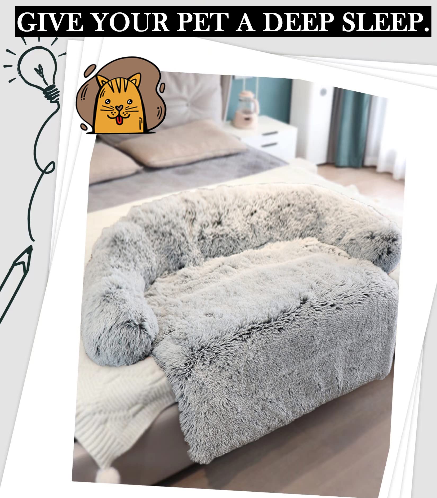Weiches Hundebett aus Plüsch – warme bequeme Matte für Hunde und Katzen, abnehmbar, waschbar, rutschfeste Unterseite, kann überall hingestellt werden, Hellgrau, 80 cm