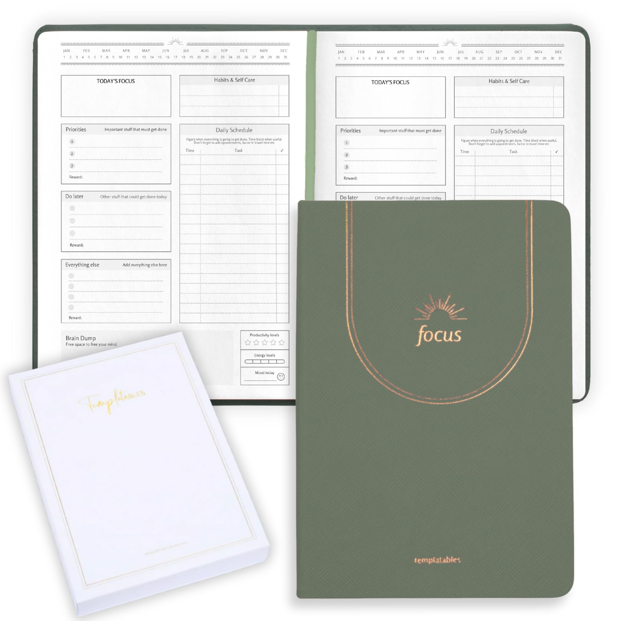 ADHD Daily Planner for Neurodivergent Adults โ Premium Leather Productivity & Task Management Planner with Guided Focus Pages, 170gsm Paper, Gold Foiling & Gift Box โ Undated | A5 (Sage Green)