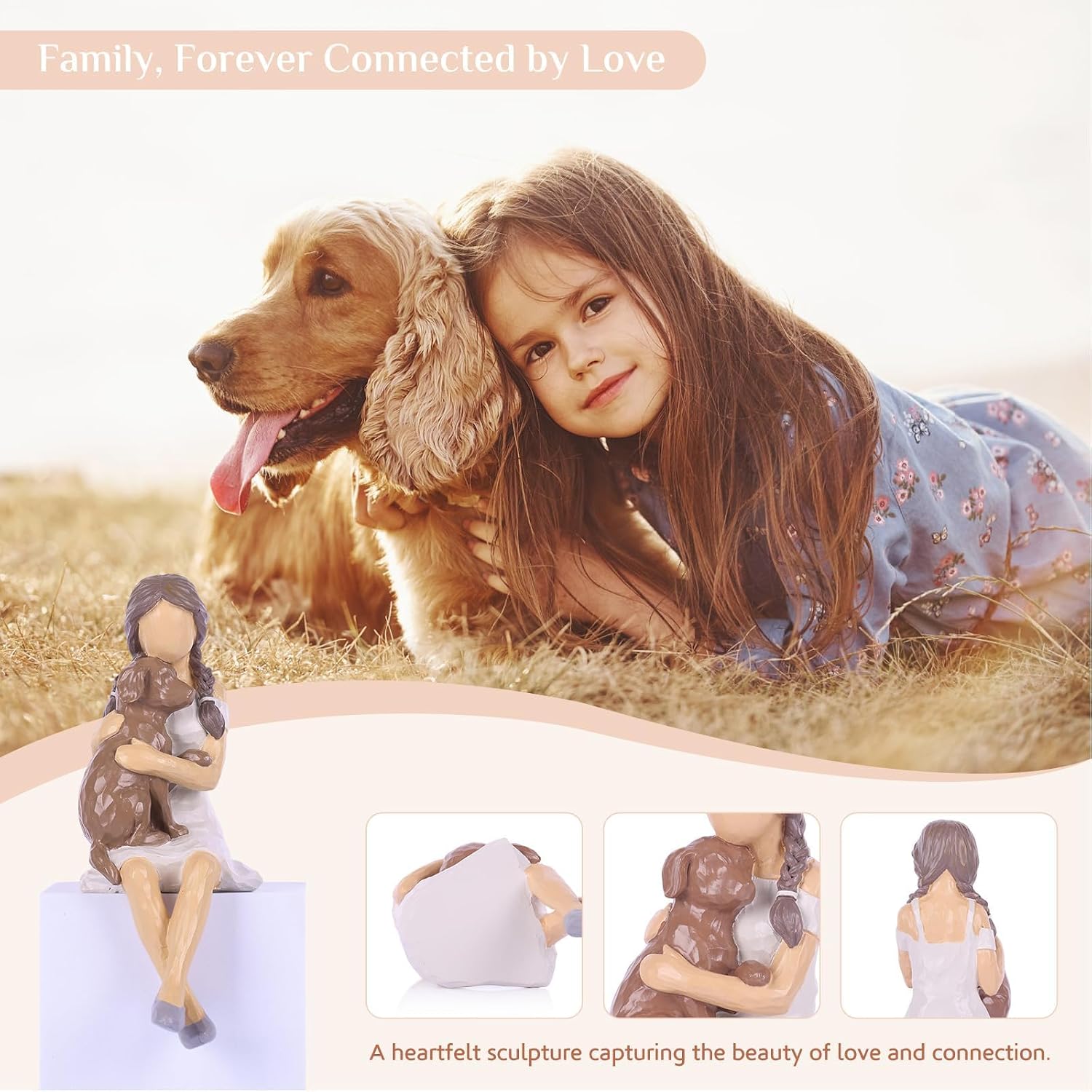 Condition photo showing New/Like New for girl and dog figurine memorial gift, embrace my happiness dog memory sculpture statue, sentimental gifts for sisters, best friend birthday gifts, christmas or mothers day pet passing away off white
