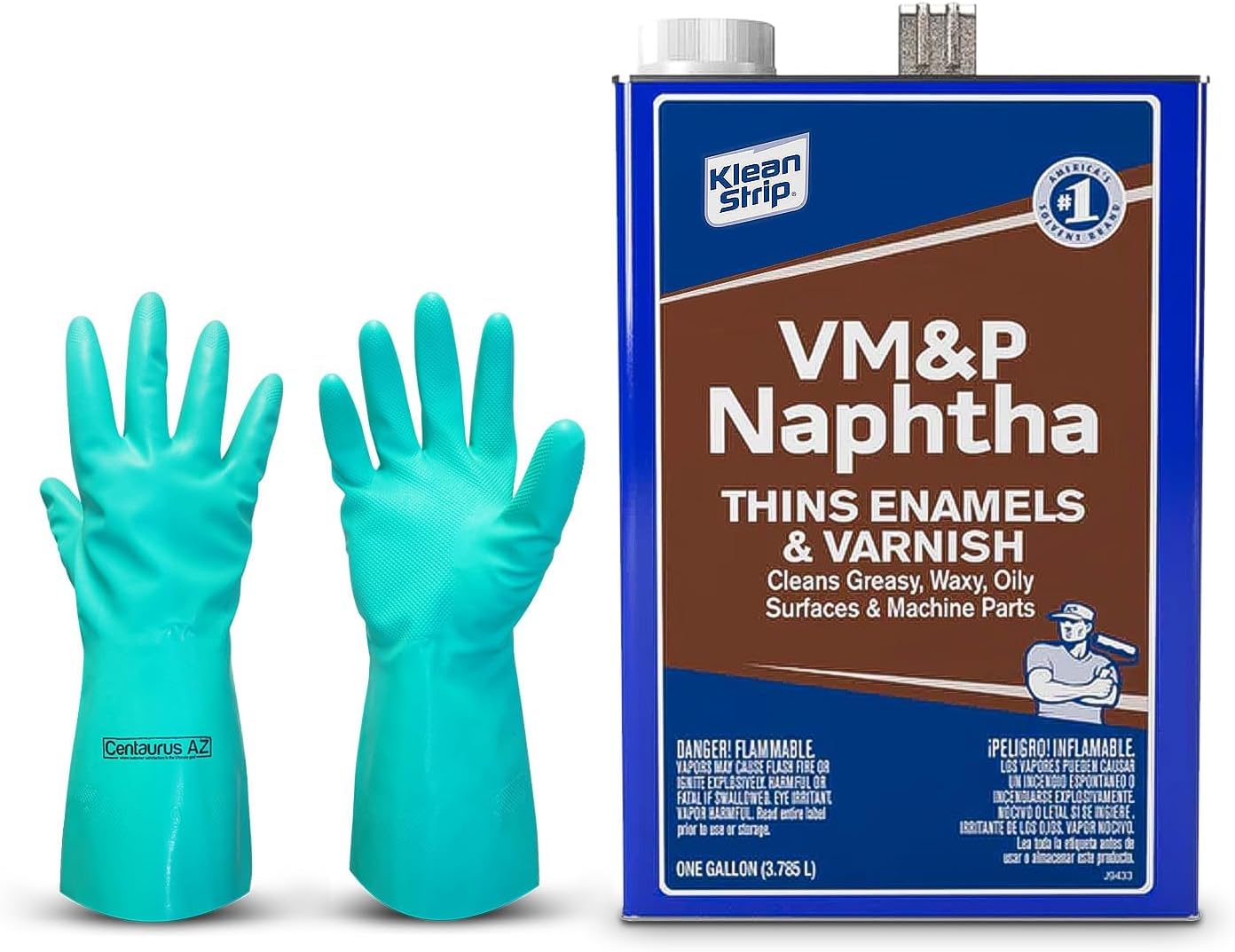 Klean-Strip VM&P Naphtha Thins Enamels & Varnish Cleans Greasy, Waxy, Oily Surfaces & Machine Parts Faster Drying Now comes with chemical resistant gloves by Centaurus AZ, 1Gal (3.785L)