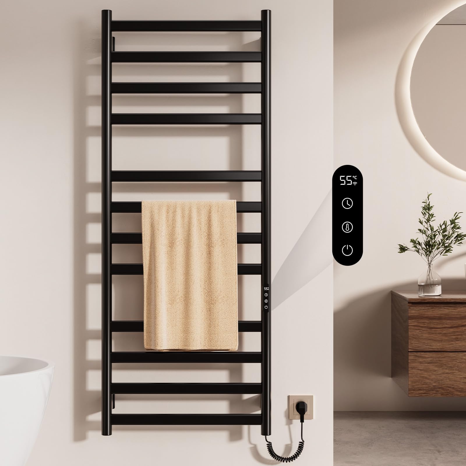 Scaldasalviette Elettrico Bagno, 52 x 130cm Termoarredo Elettrico Bagno, 360W Scaldasalviette Elettrico da Parete con LED Touch Screen, 0-9h Timer e 30-70℃ Temperatura, IPX4, Nero
