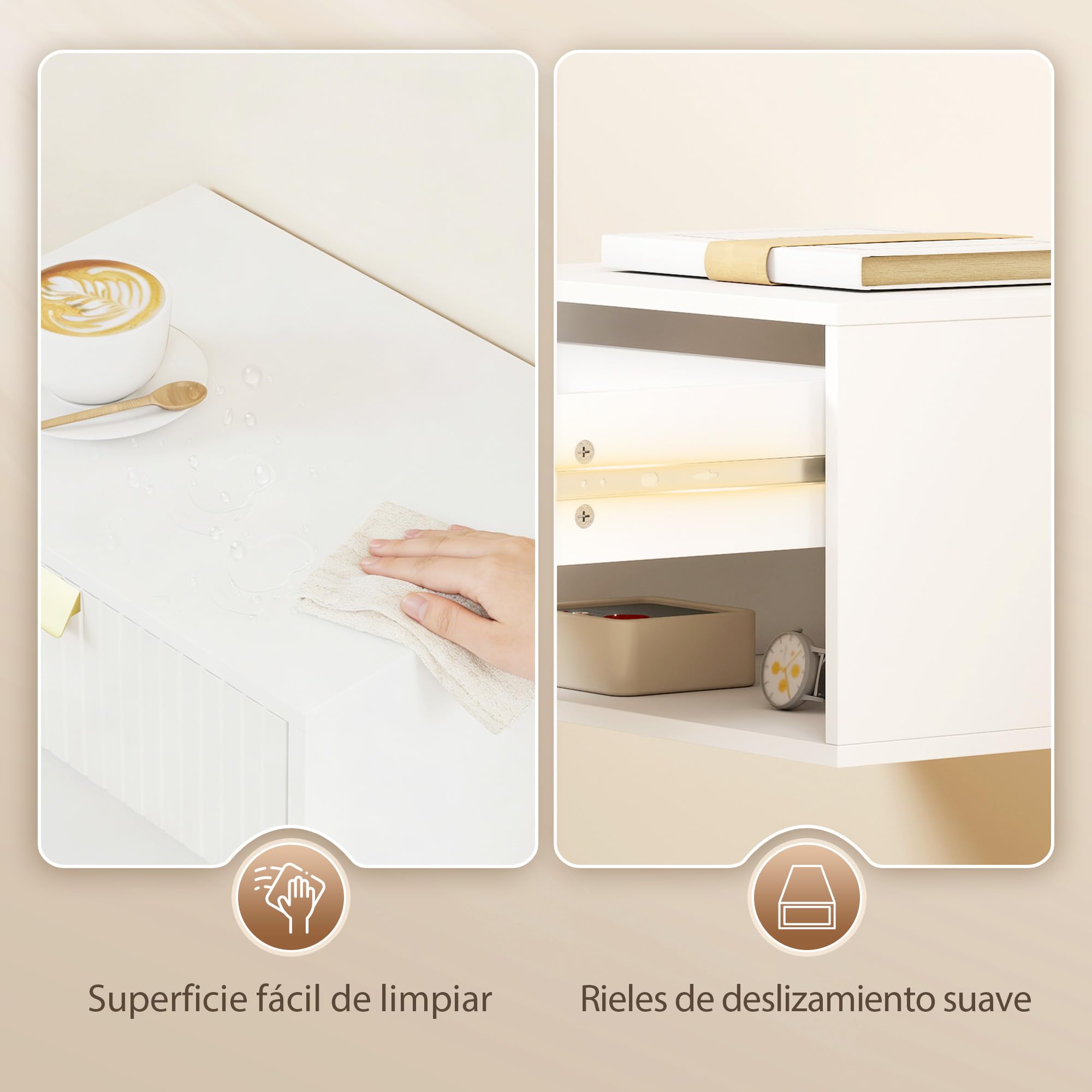 HOMCOM Juego de 2 Mesitas de Noche Flotantes con Cajón 40x30x25 cm Blanco | Mesillas de Noche, Frente Ondulado, Estante Abierto, Diseño Moderno, para Dormitorio