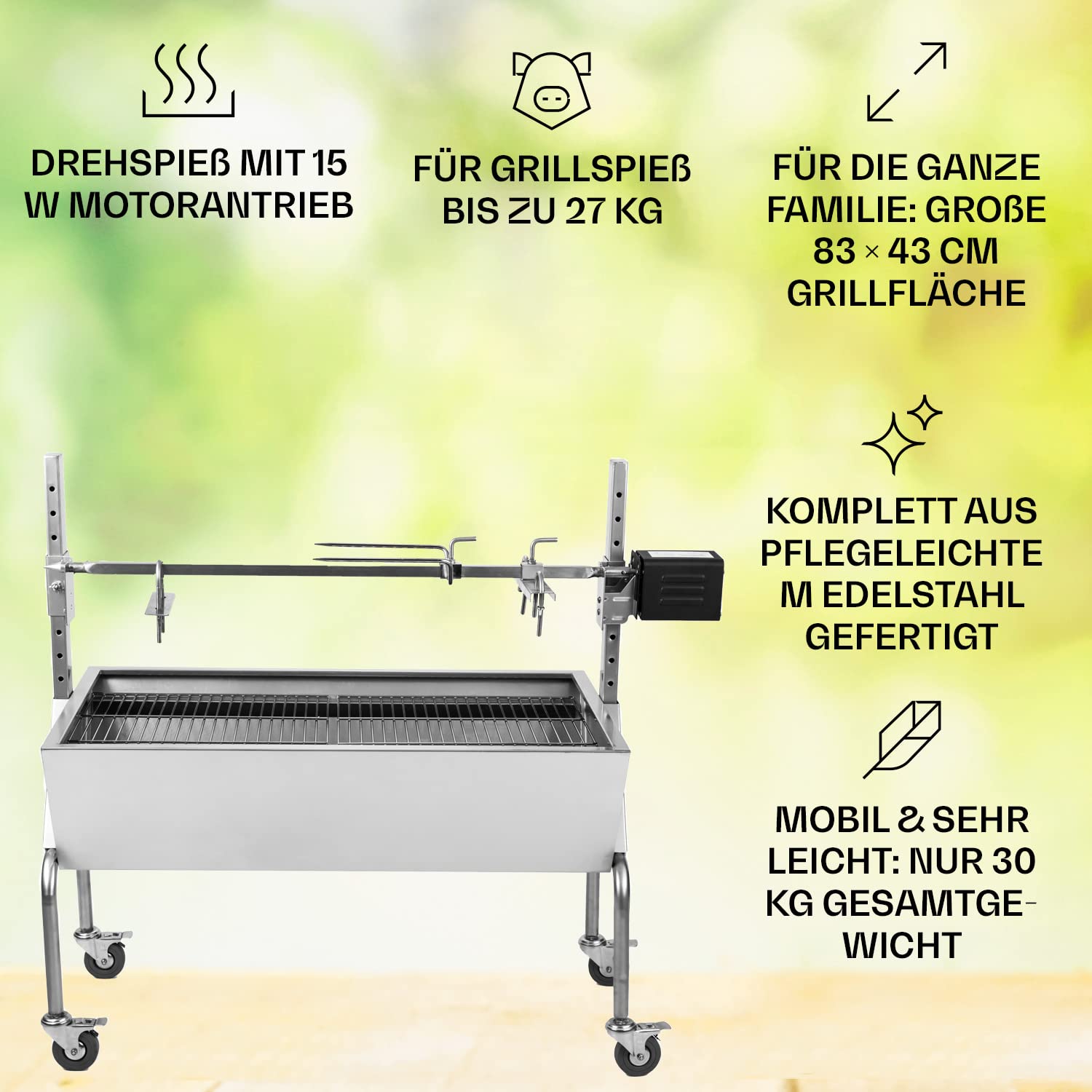Oneconcept Sauenland Mobiler Lammgrill Spanferkelgrill mit Motor und Edelstahl-