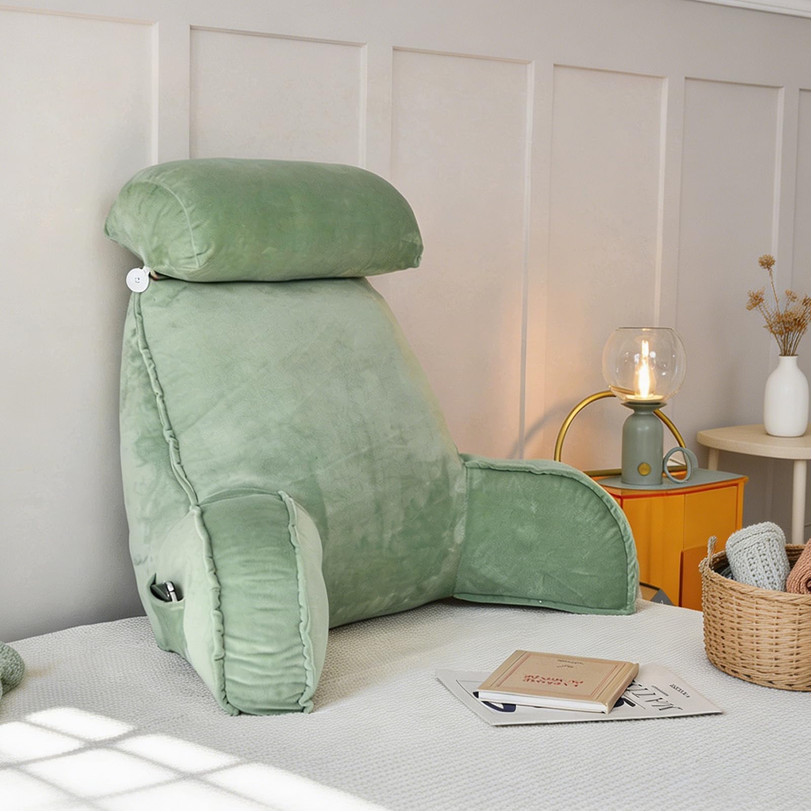 FARYODI Bardzo duża poduszka do czytania ze zdejmowanym pokrowcem, wypełniona włóknem kanalikowym, ergonomiczna poduszka podpierająca plecy do łóżka/sofy, dla dorosłych i dzieci (zielona)
