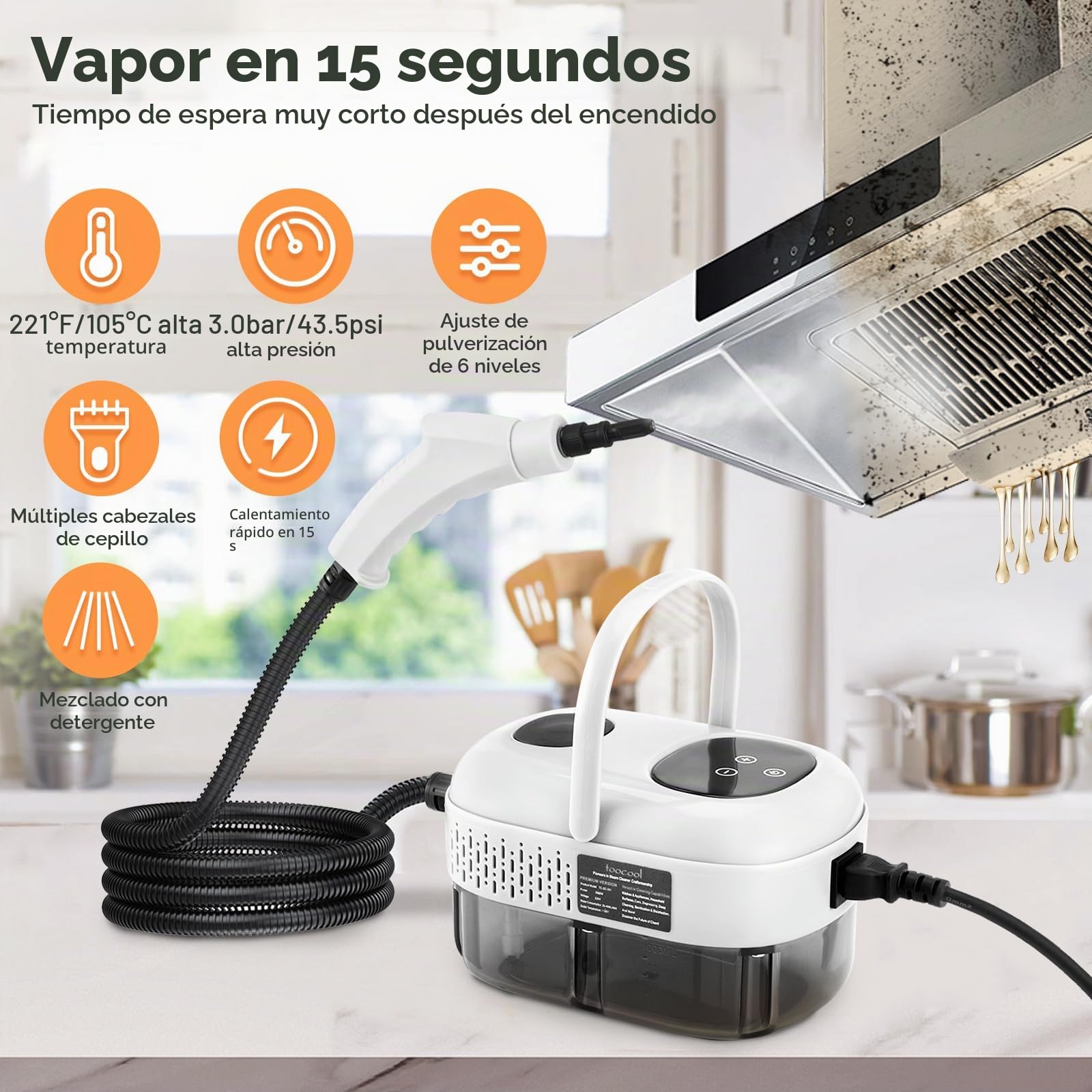 Limpiador a vapor portátil de 2500 W con depósito de agua de 1100 ml, 3 bares de presión, 9 accesorios y 3 cabezales de cepillo - Ideal para cocina, baño, coche y tapicería