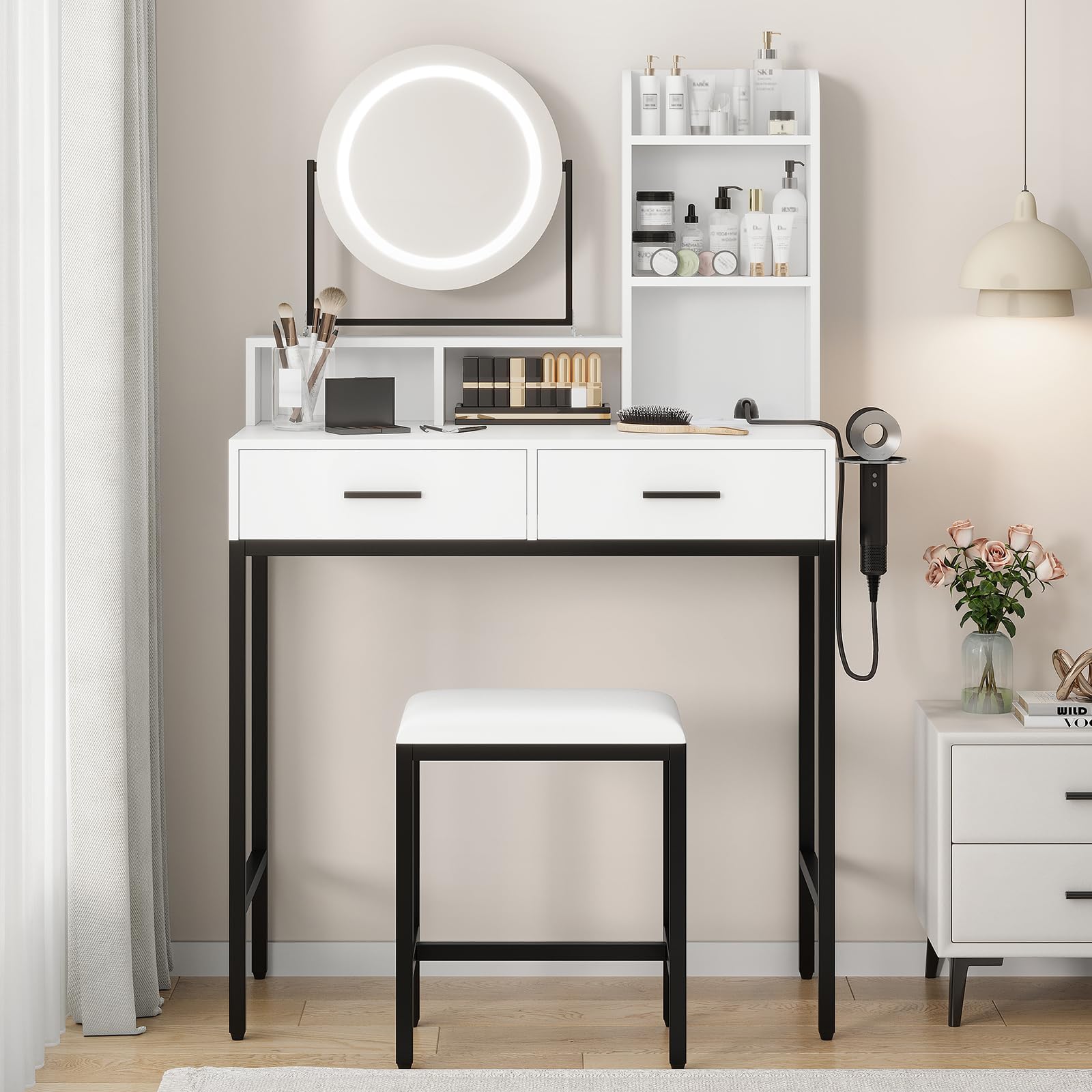 Coiffeuse avec Miroir et Tabouret, Éclairage LED Réglable | 3 Couleurs