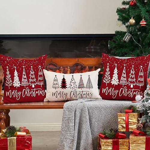 Miniatura 6 de DFXSZ Juego de 2 fundas de almohada de Navidad de 18 x 18 pulgadas, diseño de árbol de Navidad, decoración roja de invierno para el sofá del hogar,