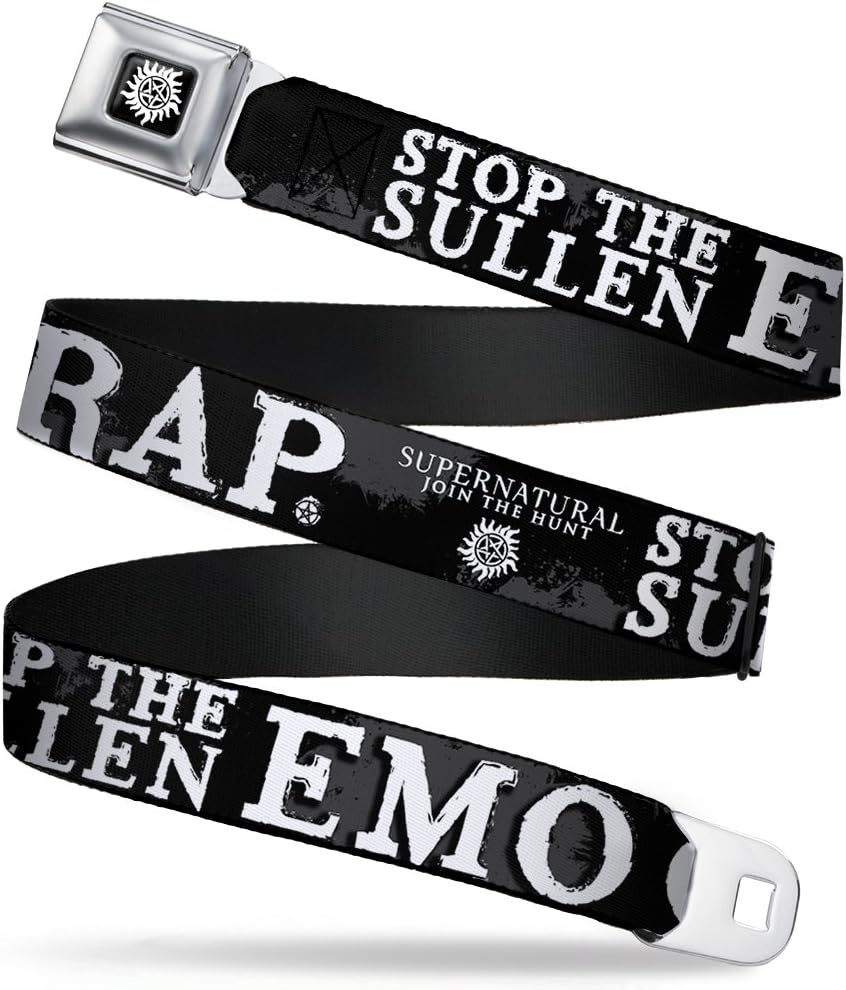 Buckle-Down Seatbelt Belt - SUPERNATURAL STOP THE SULLEN EMO CRAP Black/Gray/White - 1.0" Wide - 20-36 Inches in Length