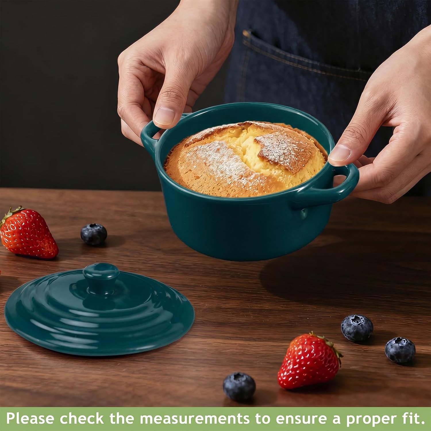4 Pack Mini Cocotte Set, 16 oz Ceramic Casserole Pots with Lids and Handles, Small Durable Soup Pot, Individual Baking Ramekins for Baking Serving, Microwave Oven & Dishwasher Safe, Dark Green
