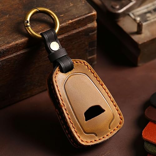 Miniatura 4 de Hontumax Funda de cuero genuino para llavero de 5 botones para Cadillac XT5 2017 2018 2019 2020 2021 2022 2023 Smart Key Protector (marrón)