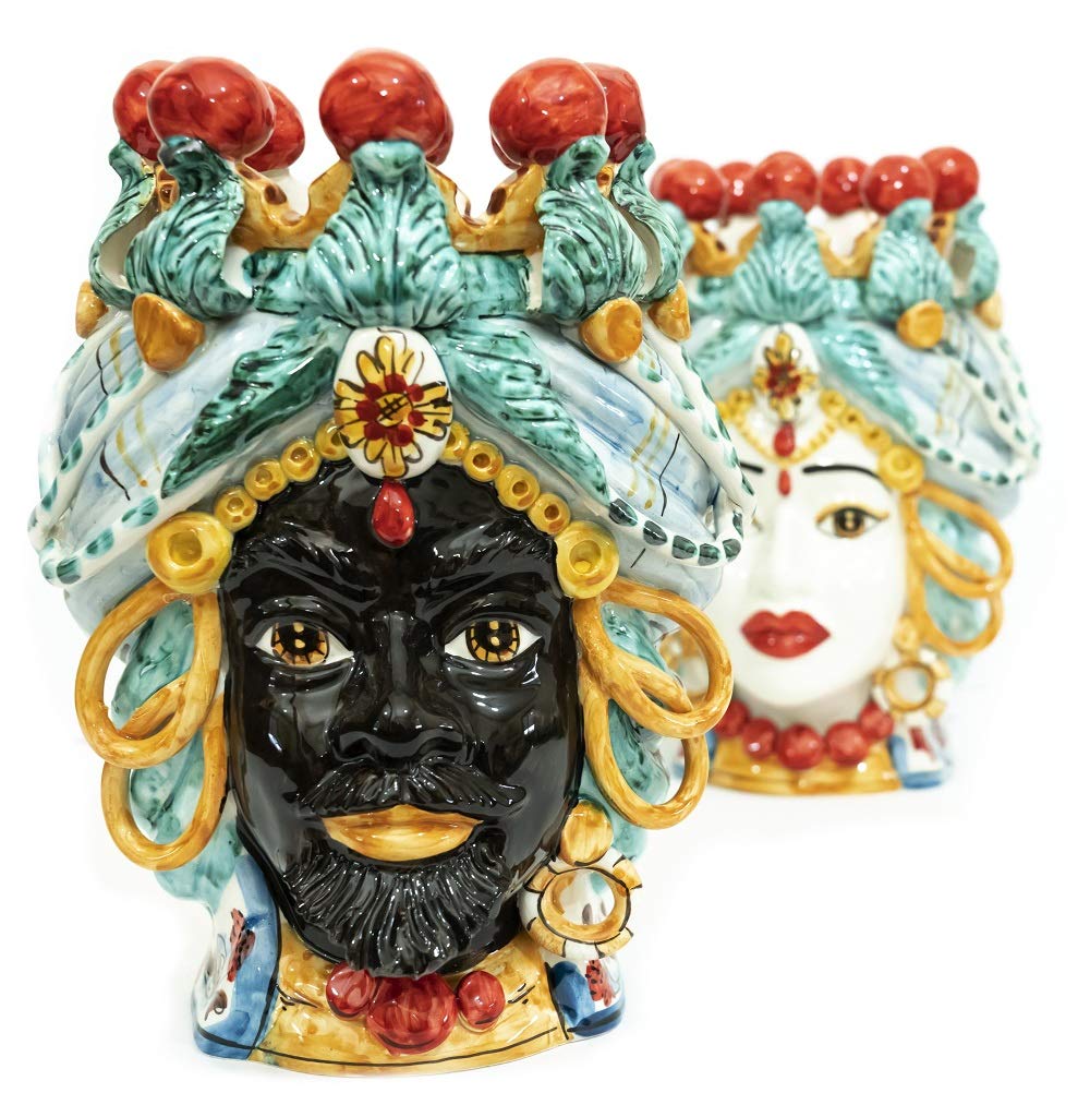 Generico Coppia teste di moro Caltagirone anelli in ceramica siciliana vasi grande H 30 cm